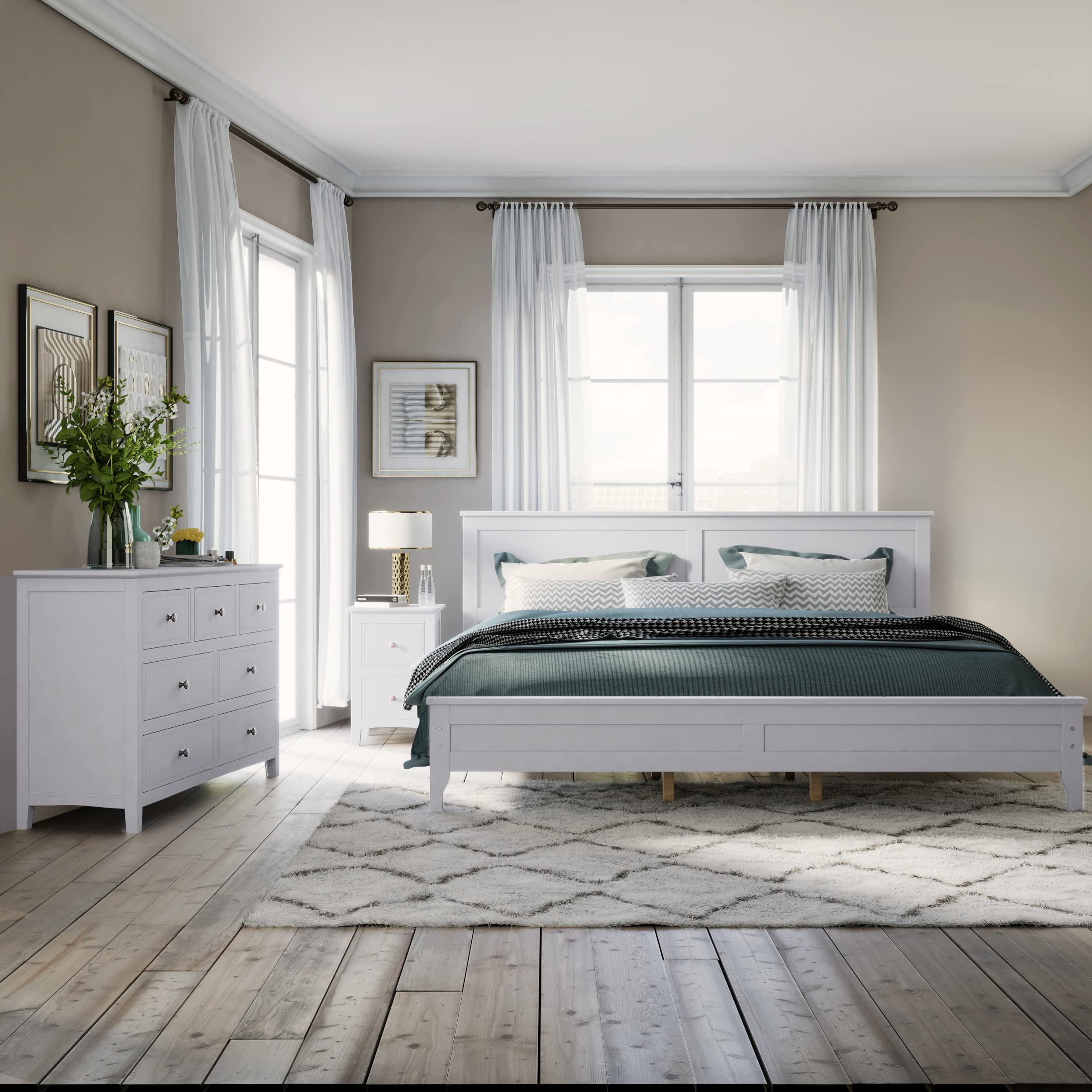 3-Piece King Size Bedroom Set - Wooden Bed Frame, Nightstand & Dresser - Modern White Bedroom Furniture for Master Bedroom & Guest Room Decor