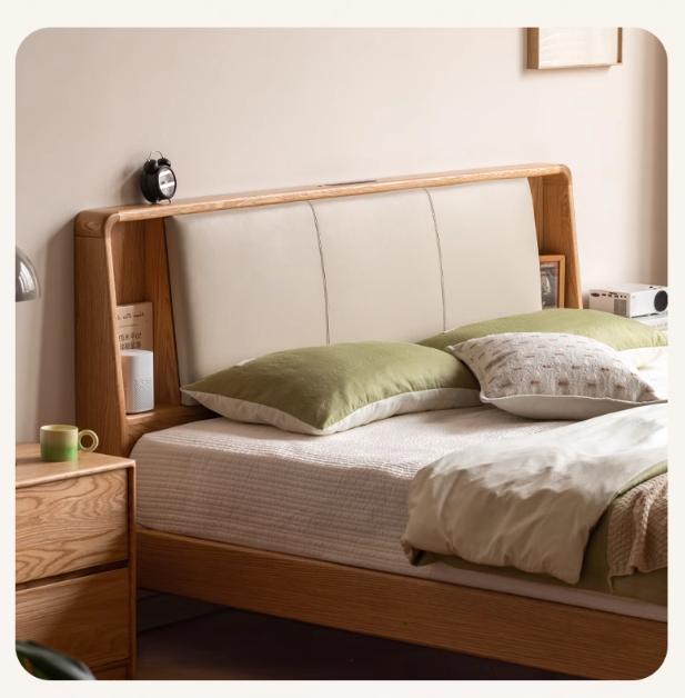 Solid Oak Wood Leather & Fabric Luminous Bed with Shelf - Modern Platform Bed Frame with Storage for Bedroom, Guest Room, or Dorm