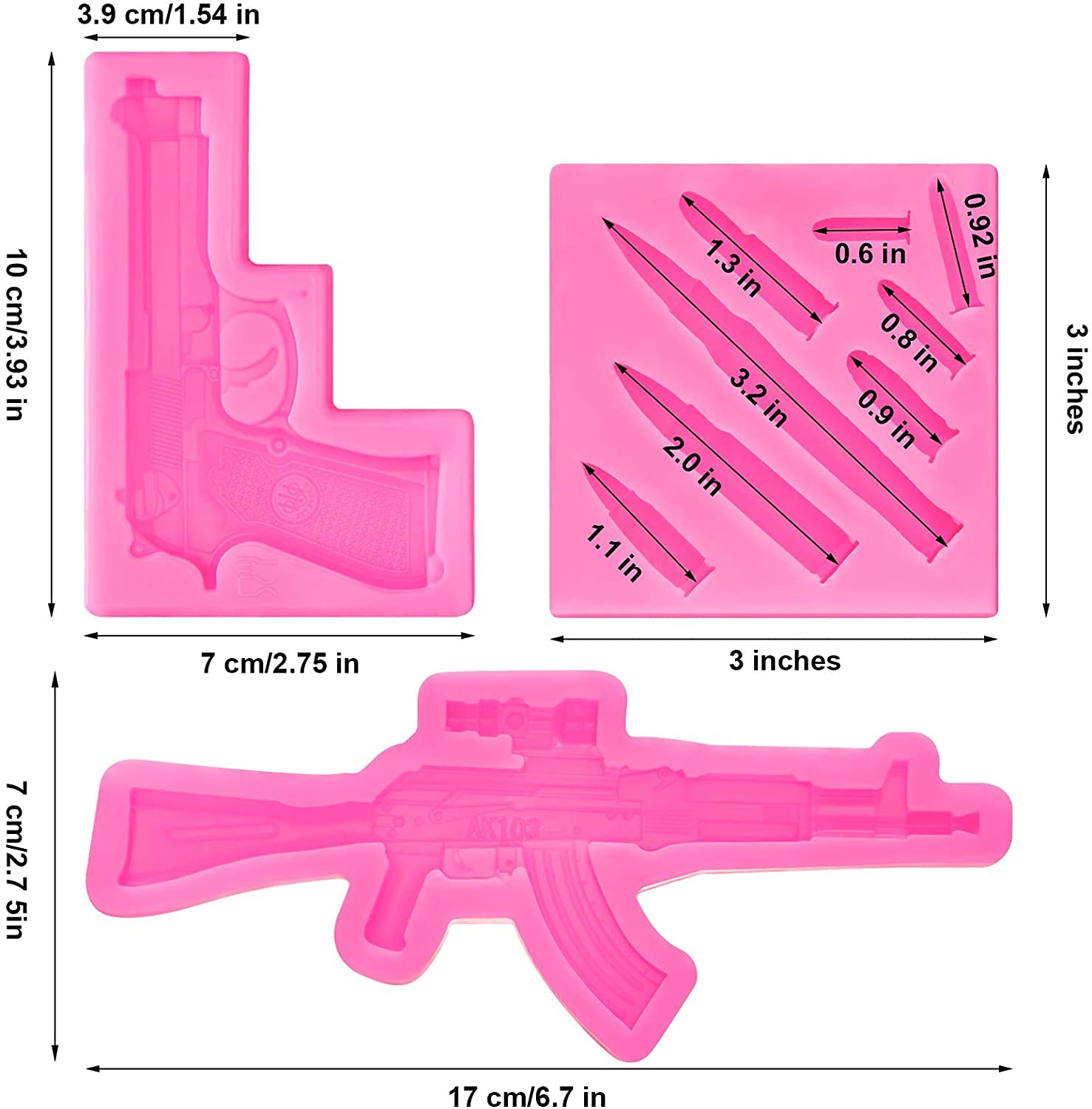 3Pcs 3D Gun-Shaped Silicone Molds for Fondant, Chocolate, Candy, Soap & Resin Crafts - Pistol, Bullet & Rifle Design - Perfect for Cake Decorating, Ice Cubes, Cupcake Toppers & Birthday Party Desserts