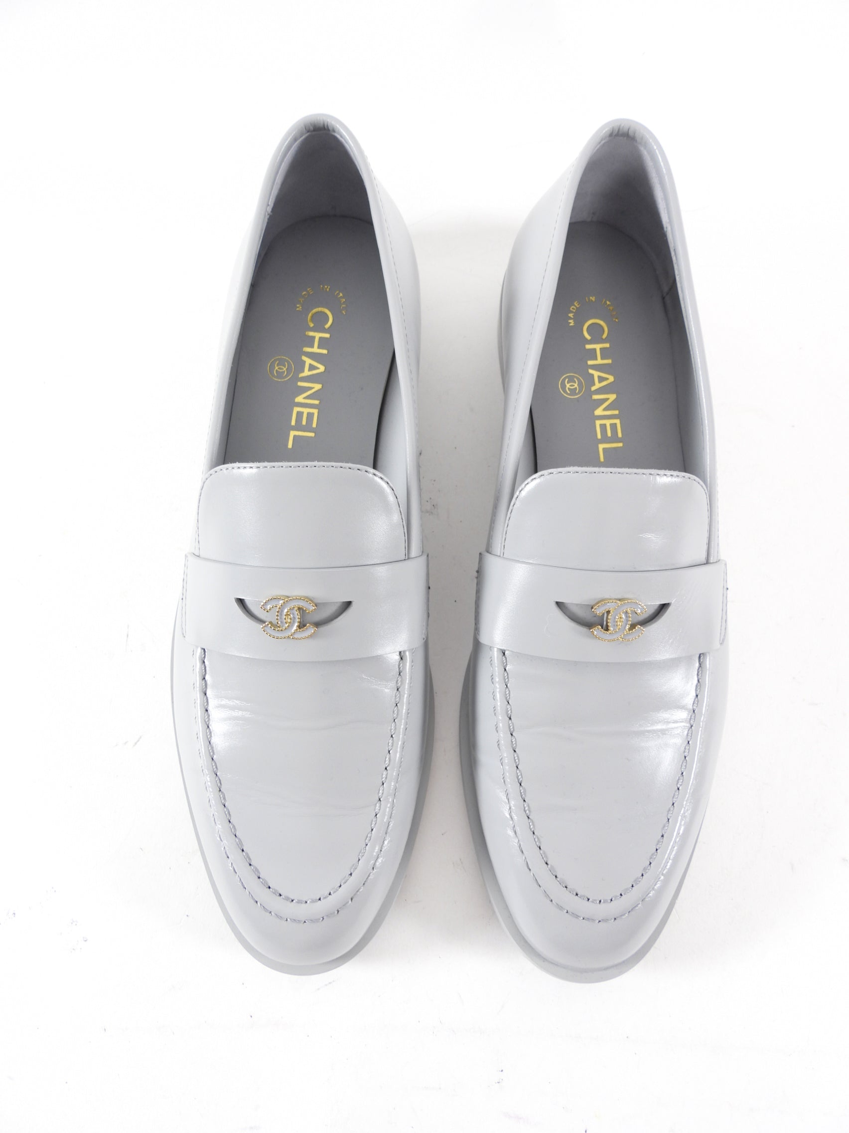 Chanel Putty Grey Glossed Leather CC Loafer Shoes Size 39.5 - Luxury Women's Slip-On Flats for Office, Party & Casual Wear