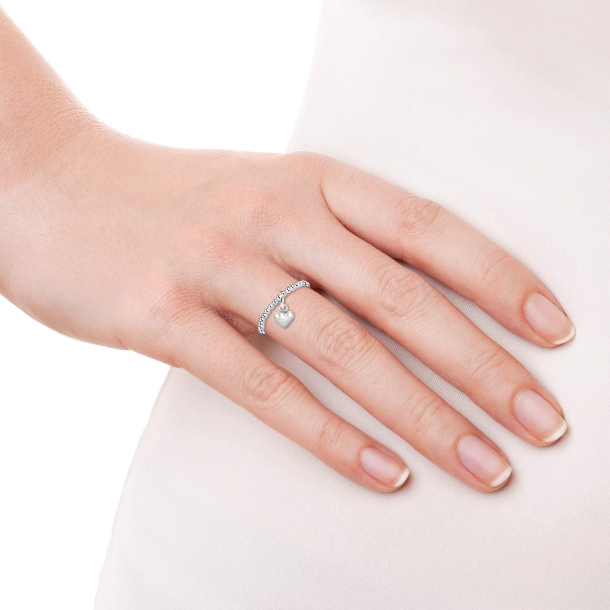 AeraVida Sterling Silver Heart Dangle Beaded Ring for Women - Size 4-12 | Eternal Love Jewelry Gift | Perfect for Valentine's Day, Anniversary & Romantic Occasions