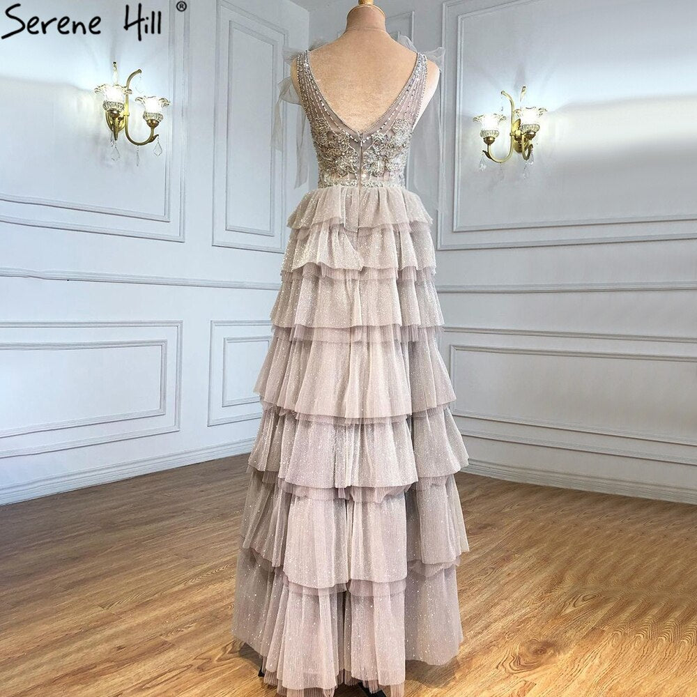 Serene Hill Grey Nude A-Line Evening Dress 2025 - Luxury Beaded Tiered Sexy Women's Gown for Wedding, Party & Special Occasions | LA71228
