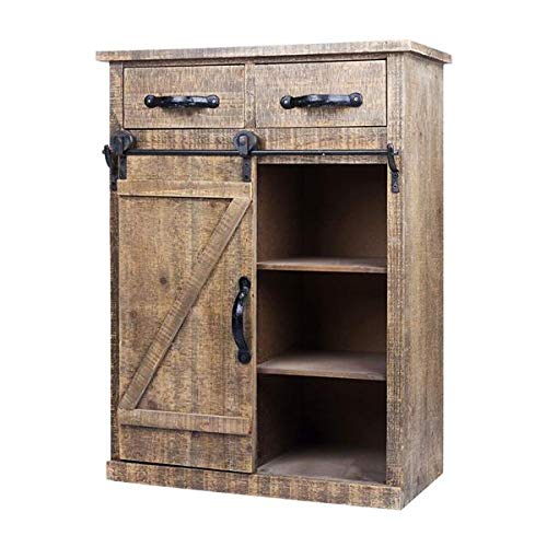 Vintage Wooden Barn Door Cabinet with 2 Drawers - Classic American Country Style Solid Wood Furniture for Bedroom, Living Room & Farmhouse Decor [US-W]