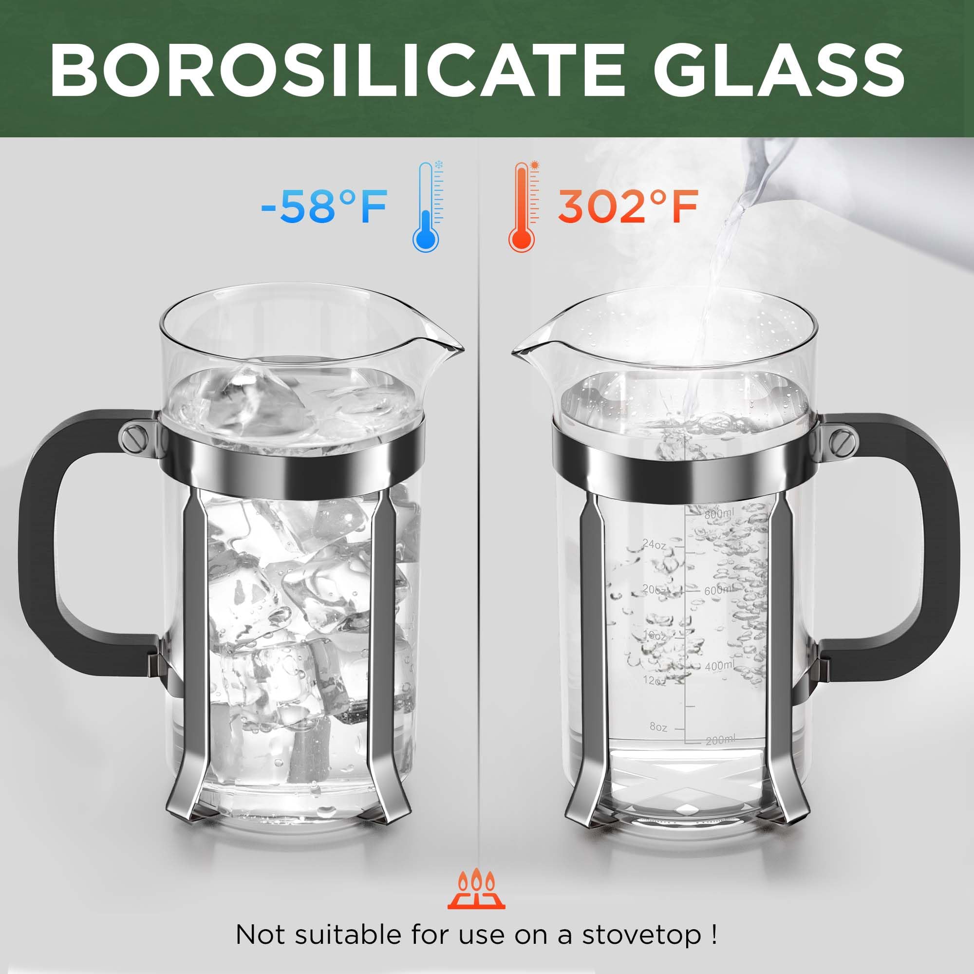 Premium Stainless Steel French Press Coffee Maker - 34oz (1L) Borosilicate Glass, Heat Resistant for Hot & Cold Brew Coffee, Tea & Espresso - Perfect for Home, Office & Camping Use