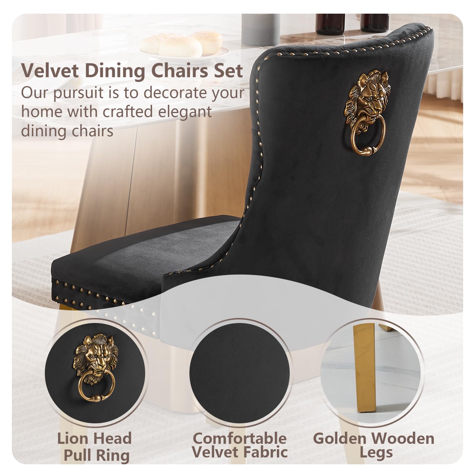 Luxury Velvet Dining Chairs Set of 4 - Modern Tufted Upholstered Kitchen Chairs with Lion Head Pulls & Solid Wood Gold Legs - Elegant Black Dining Room Chairs for Home, Restaurant, Wedding Decor