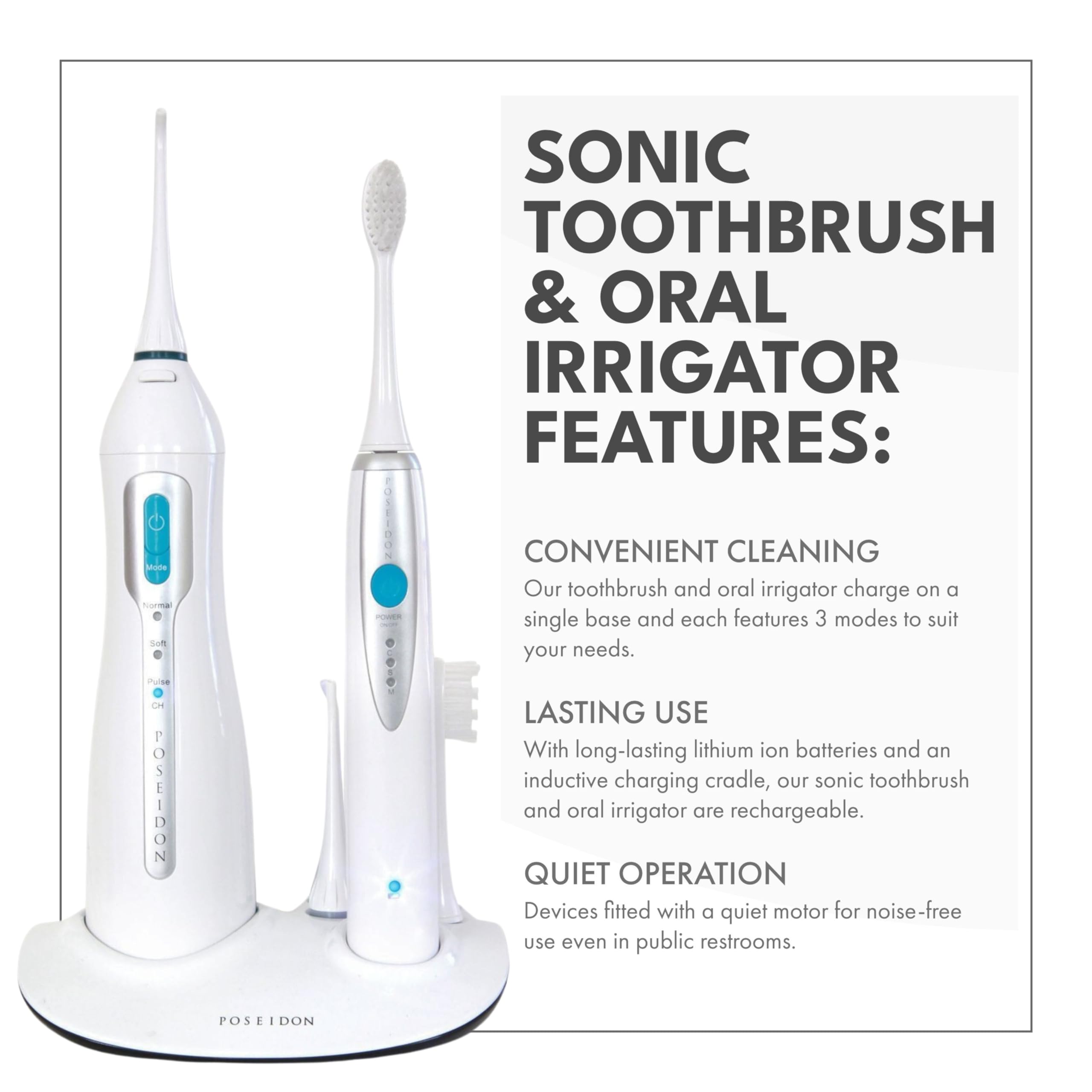 ToiletTree Poseidon Rechargeable Sonic Toothbrush & Water Flosser Combo - Electric Toothbrush with Oral Irrigator for Healthy Gums & Fresh Breath - Includes 4 Brush Heads & 3 Water Jet Tips - Perfect for Travel, Home & Family Dental Care