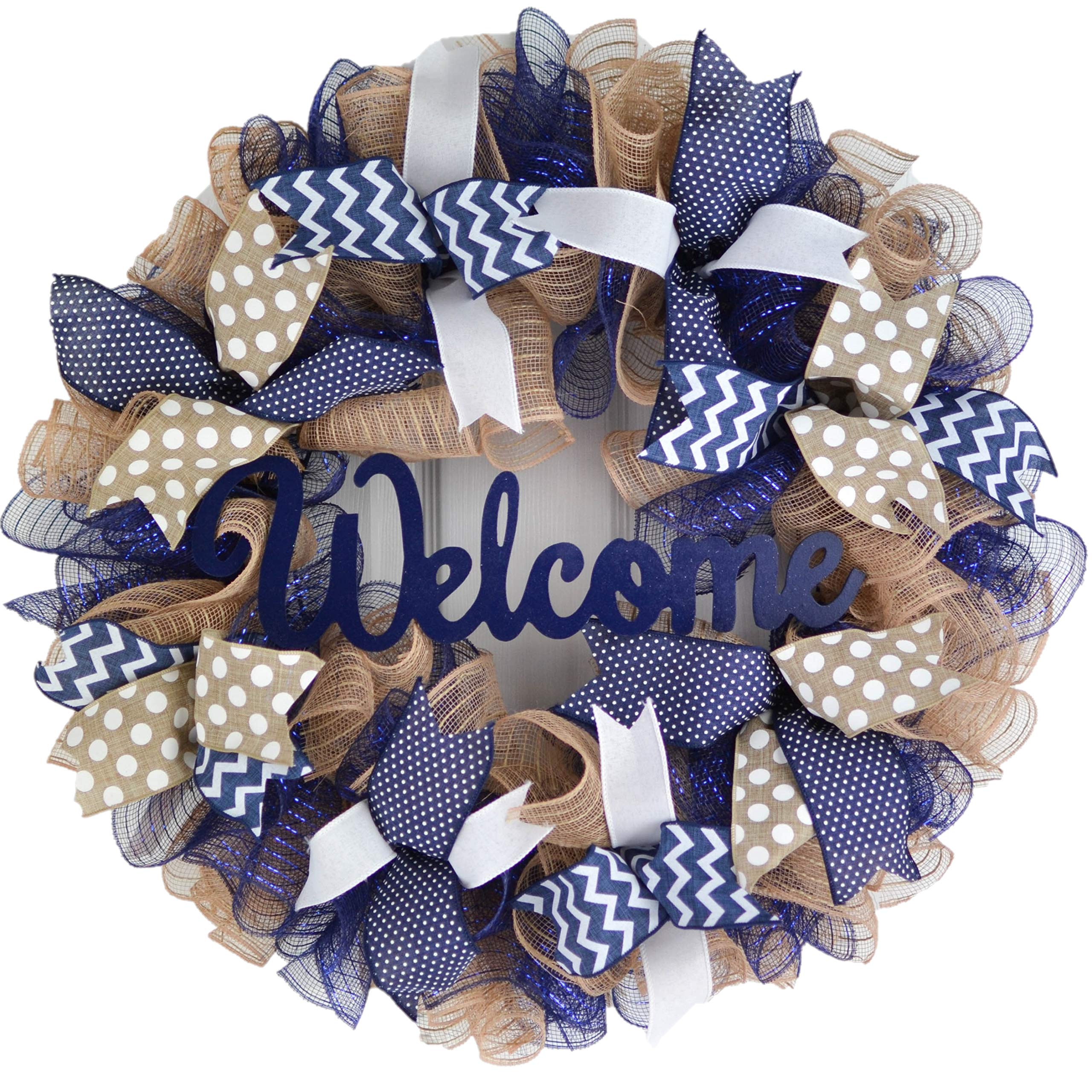 Everyday Welcome Wreath - Natural Jute Burlap Wreath with White Accents | Year Round Home Decor for Front Door, Wall & Window | Multiple Color Options Available