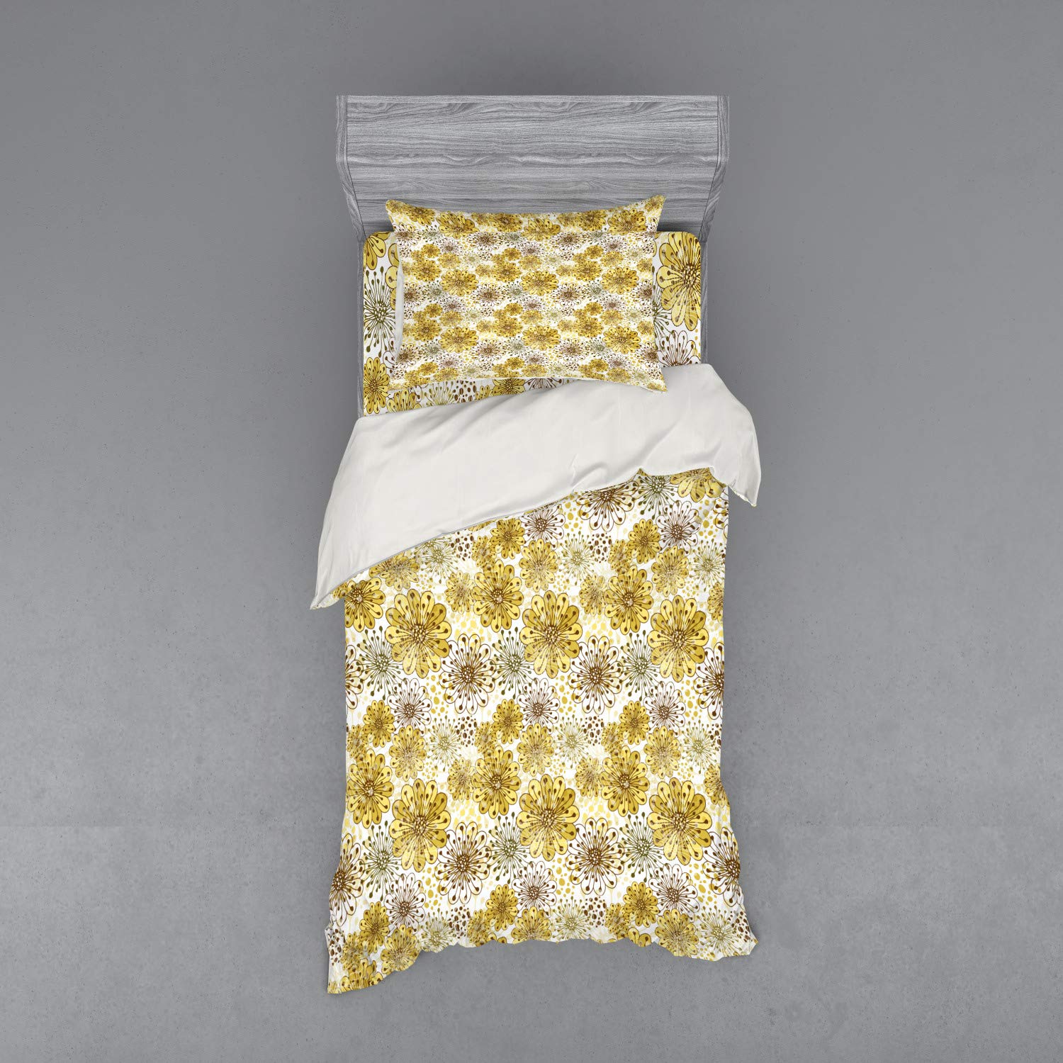 Ambesonne Floral Bedding Set - Modern Blossom Petals & Abstract Dots 3-Piece Duvet Cover with Sham & Fitted Sheet, Twin XL Size in Khaki Brown & White | Perfect for Spring Bedroom Decor, Guest Room Makeover & Cozy Plant-Themed Home Styling