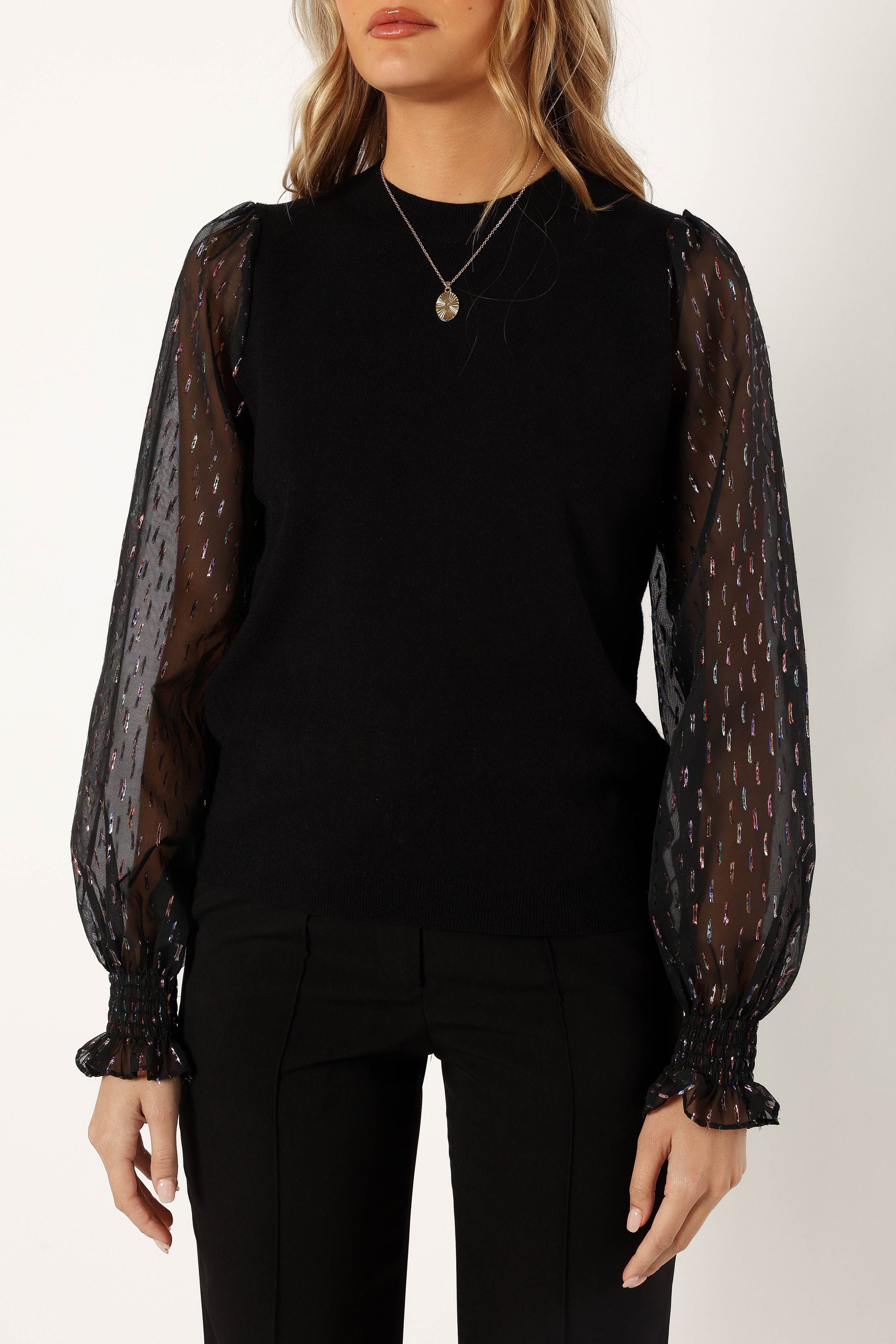 Callie Contrast Chiffon Sleeve Knit Sweater for Women - Black Elegant Pullover Top for Fall & Winter | Perfect for Office, Date Night & Casual Outings