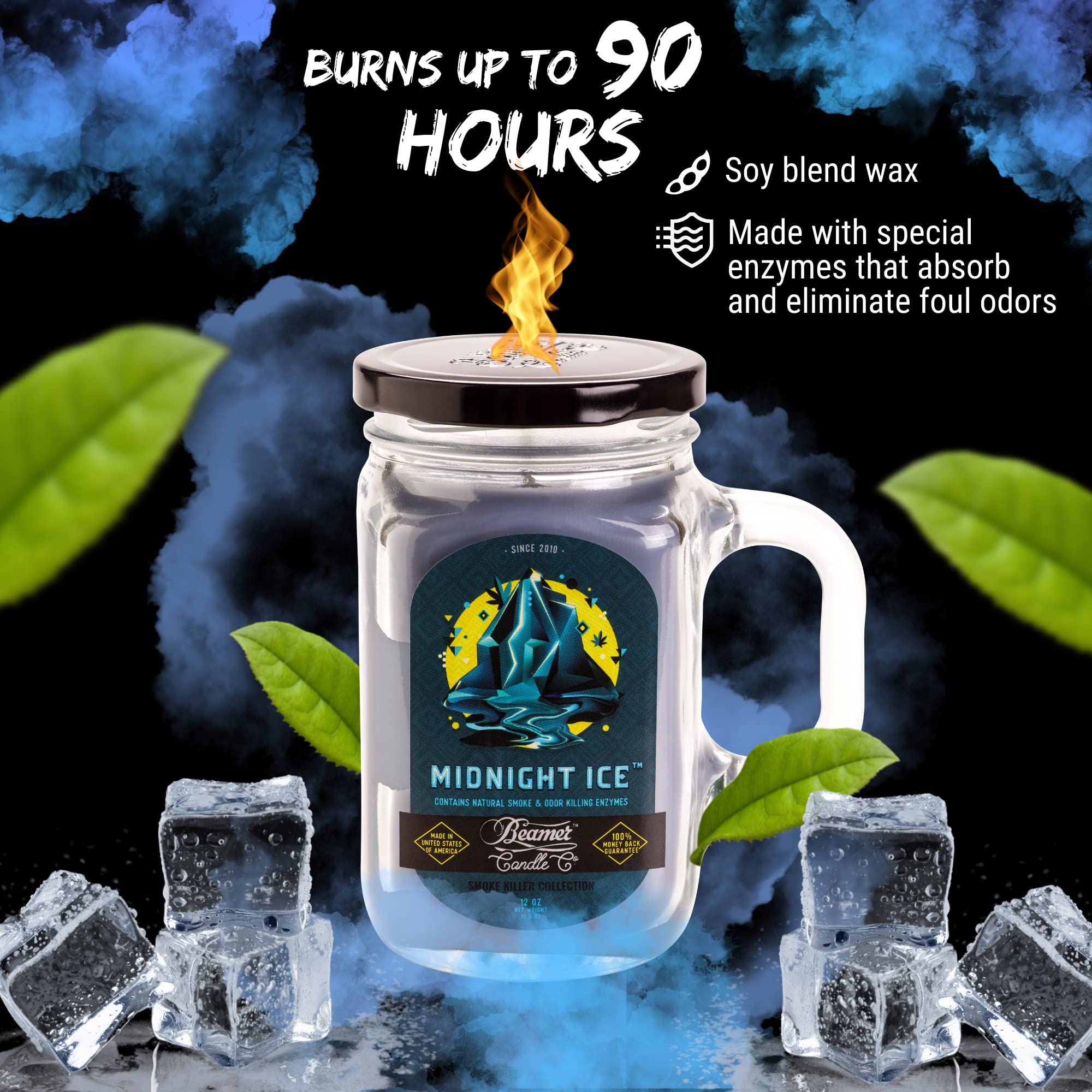 Beamer Candle Co. Midnight Ice Scented Candle - Cool Frosted Fragrance, Odor Eliminating, 12oz Mason Jar, 90-Hour Burn Time, 100% Made in USA - Perfect for Home, Office, Spa & Gift Giving