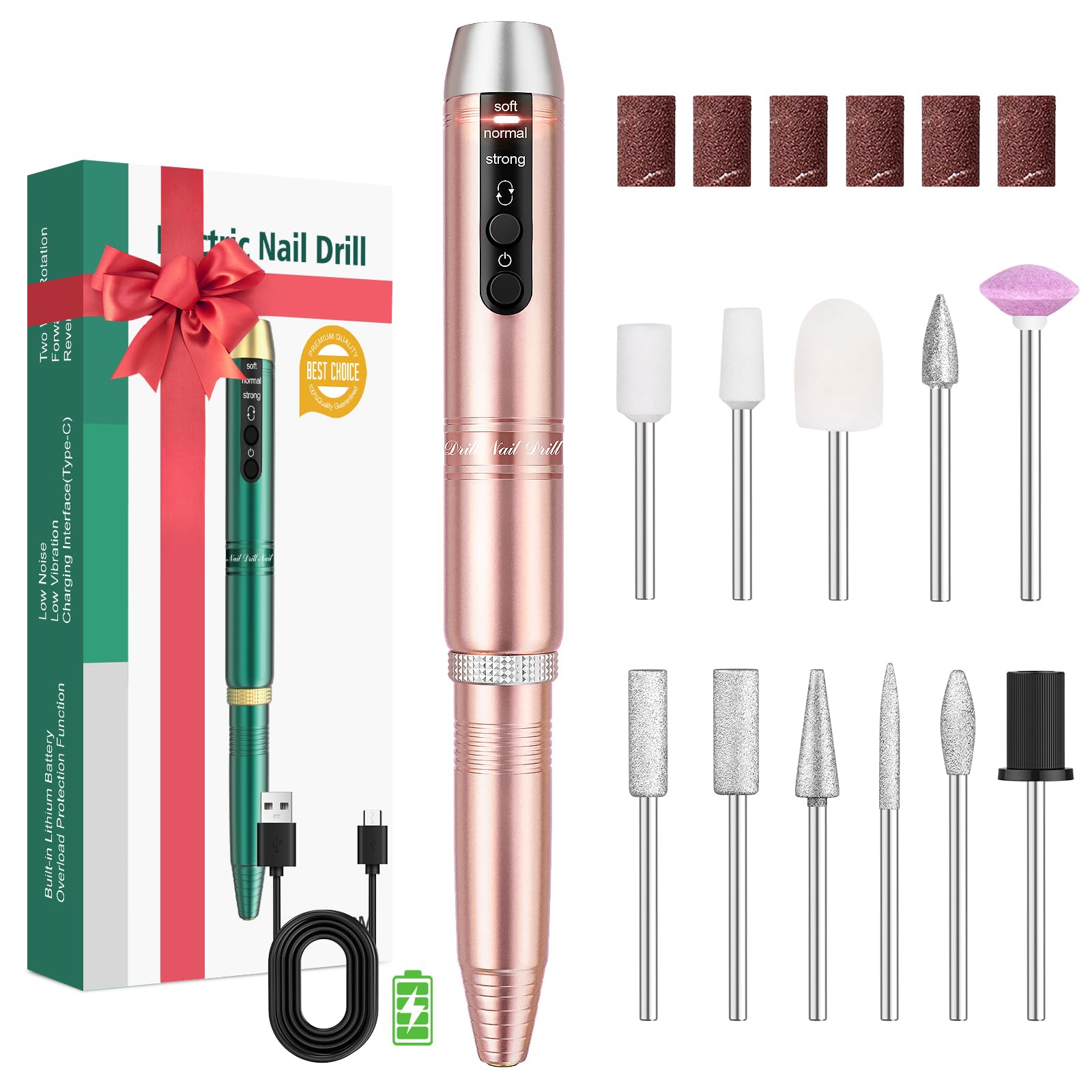 Professional Cordless Nail Drill Kit - Rechargeable Electric Nail File with 11 in 1 Drill Bits for Acrylic, Gel & Dip Powder Nails | Portable Efile Manicure Pedicure Machine for Home & Salon Use | Gold Finish | Perfect for DIY Nail Art, Nail Extensions & Professional Nail Care