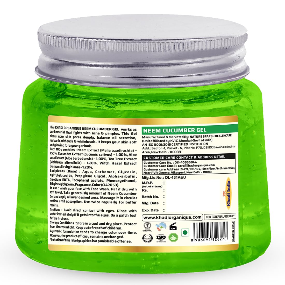 Khadi Organique Aloe Vera Gel with Neem & Cucumber | Organic Face, Body & Hair Moisturizer for Dry Skin | Deep Hydrating & Soothing Gel for Women & Men - 200gm | Perfect for Sunburn Relief, After-Shave Care & Daily Skincare Routine