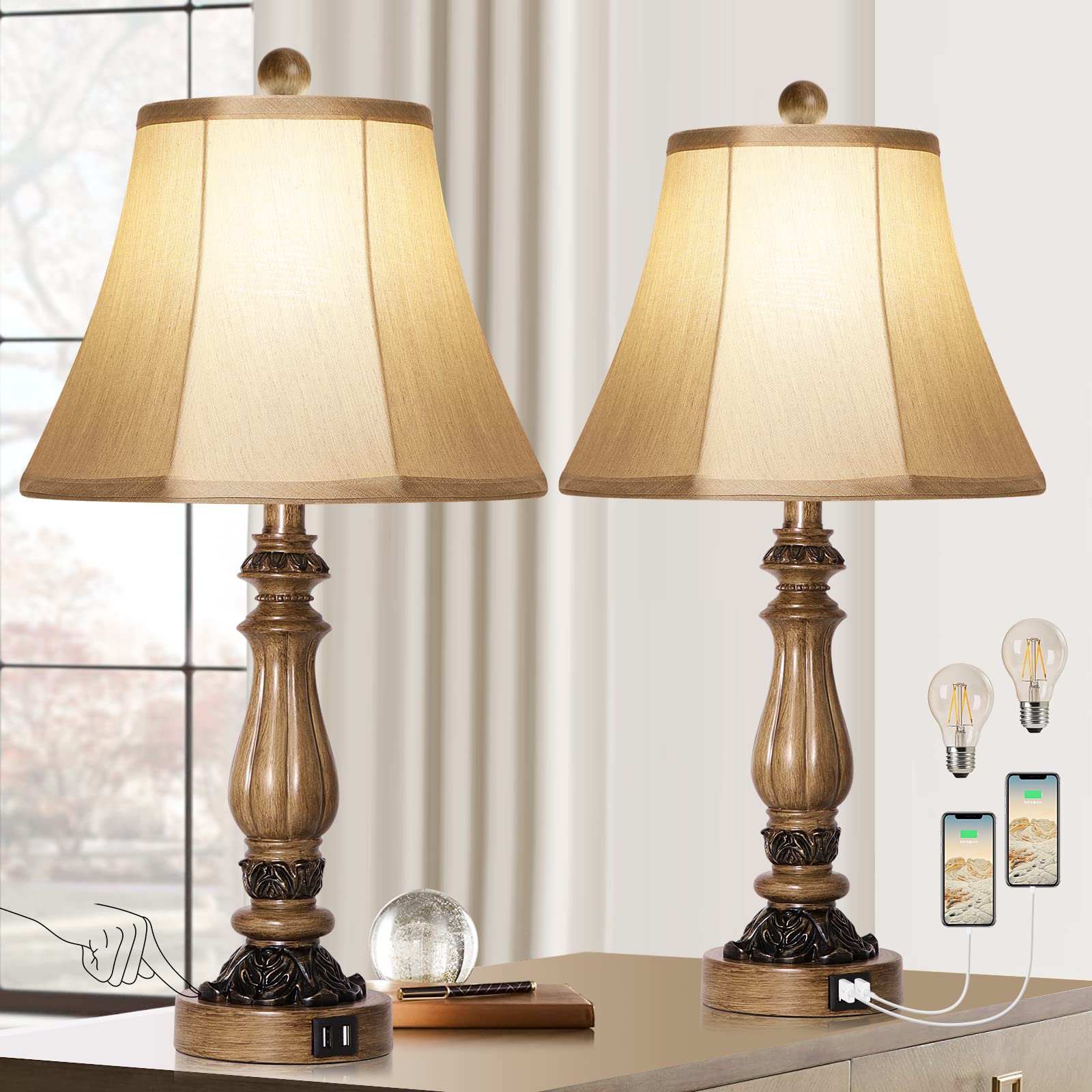 Farmhouse Table Lamp Set of 2 with USB Ports & Outlet - 3-Way Dimmable Touch Control, Rustic Bedside Lamps for Bedroom, Nightstand, Living Room - Includes Bulbs - Perfect for Reading, Working & Creating Cozy Ambiance
