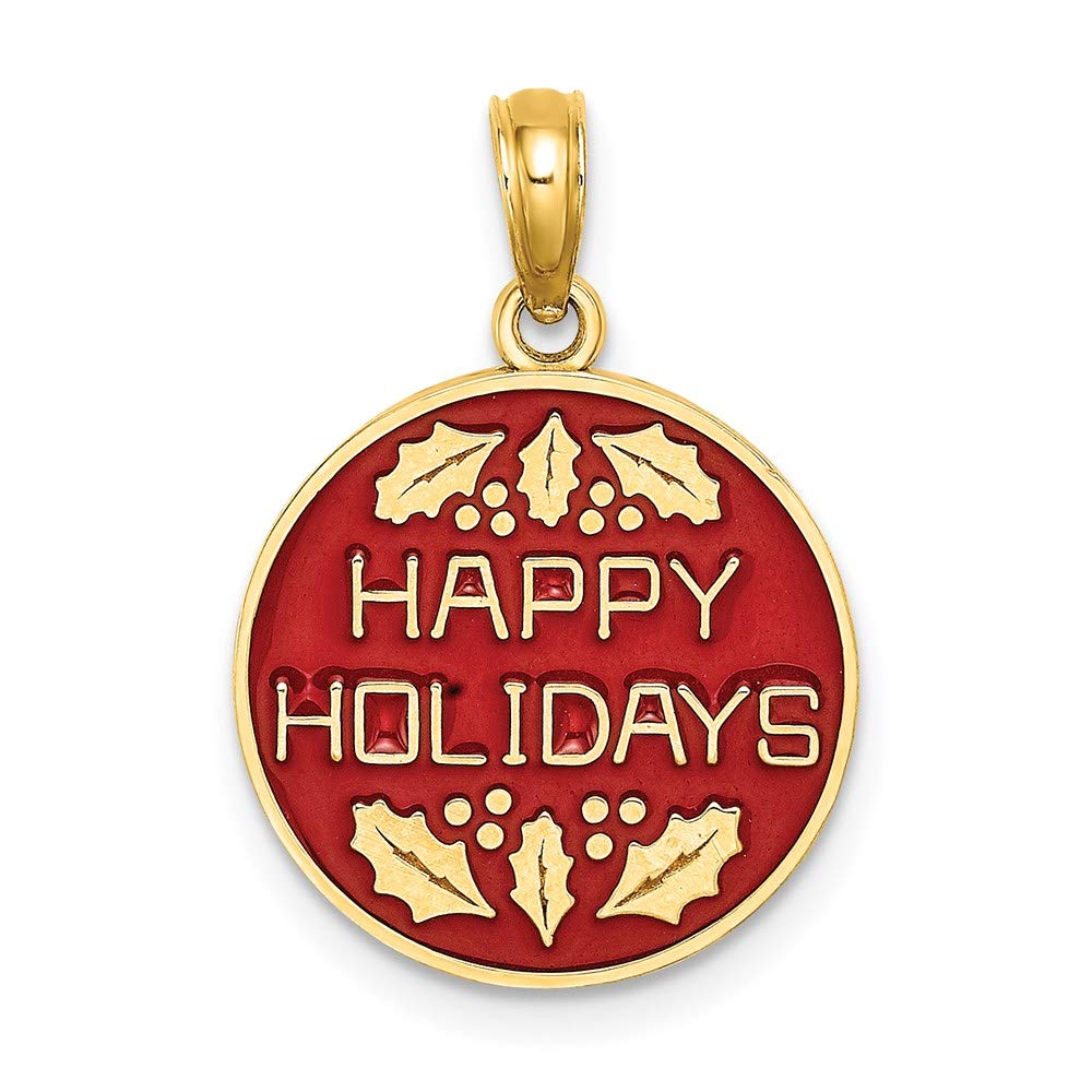 14K Yellow Gold Enamel Holiday Holly Round Disc Charm Pendant - Perfect for Christmas Gifts & Jewelry Collections
