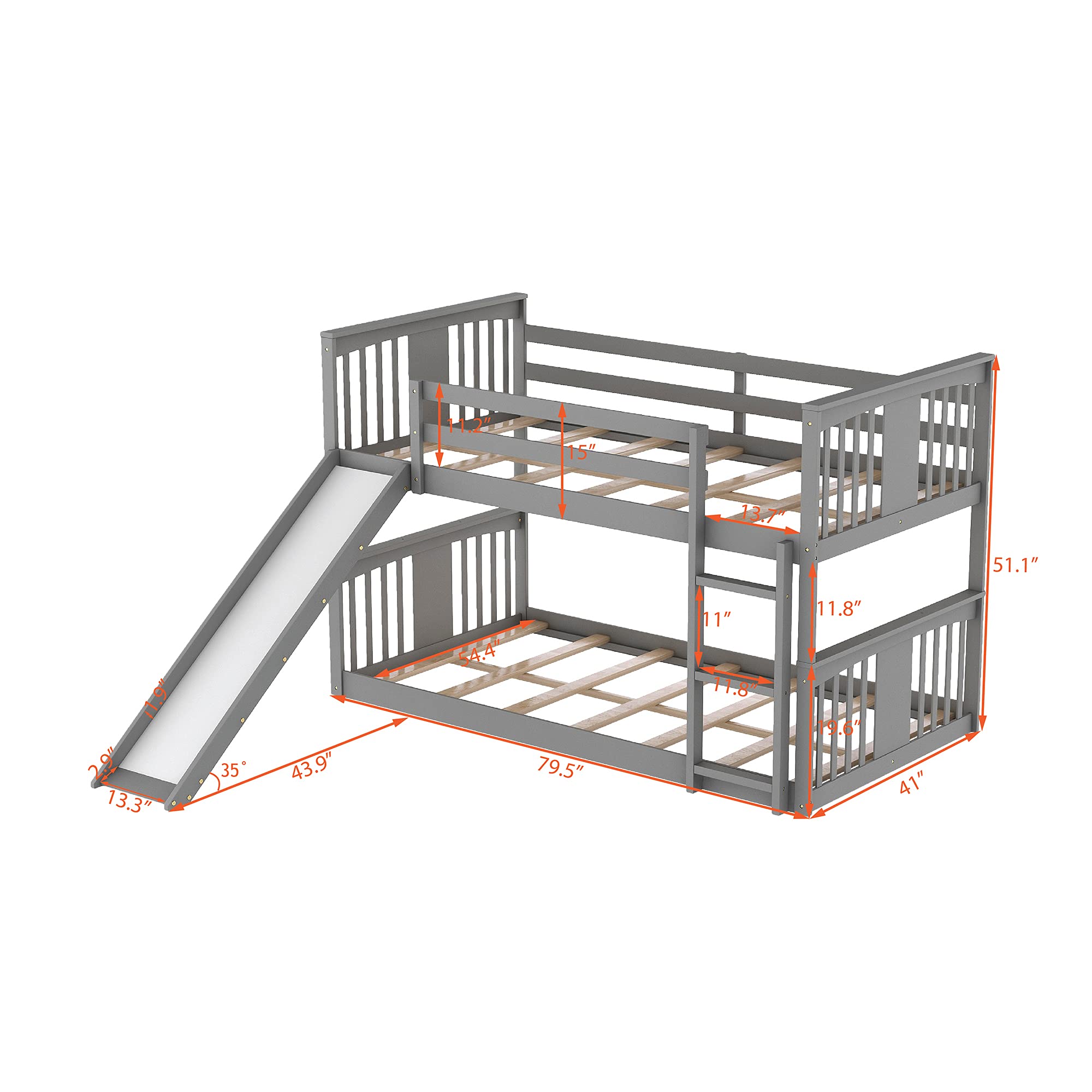 Low Twin Over Twin Bunk Bed with Slide - Solid Wood Kids Bunk Bed with Safety Guardrail, Ladder, Headboard & Footboard - Space-Saving Bed for Toddlers, Children & Teens (Gray) - Perfect for Small Bedrooms, Shared Kids Rooms & Vacation Homes
