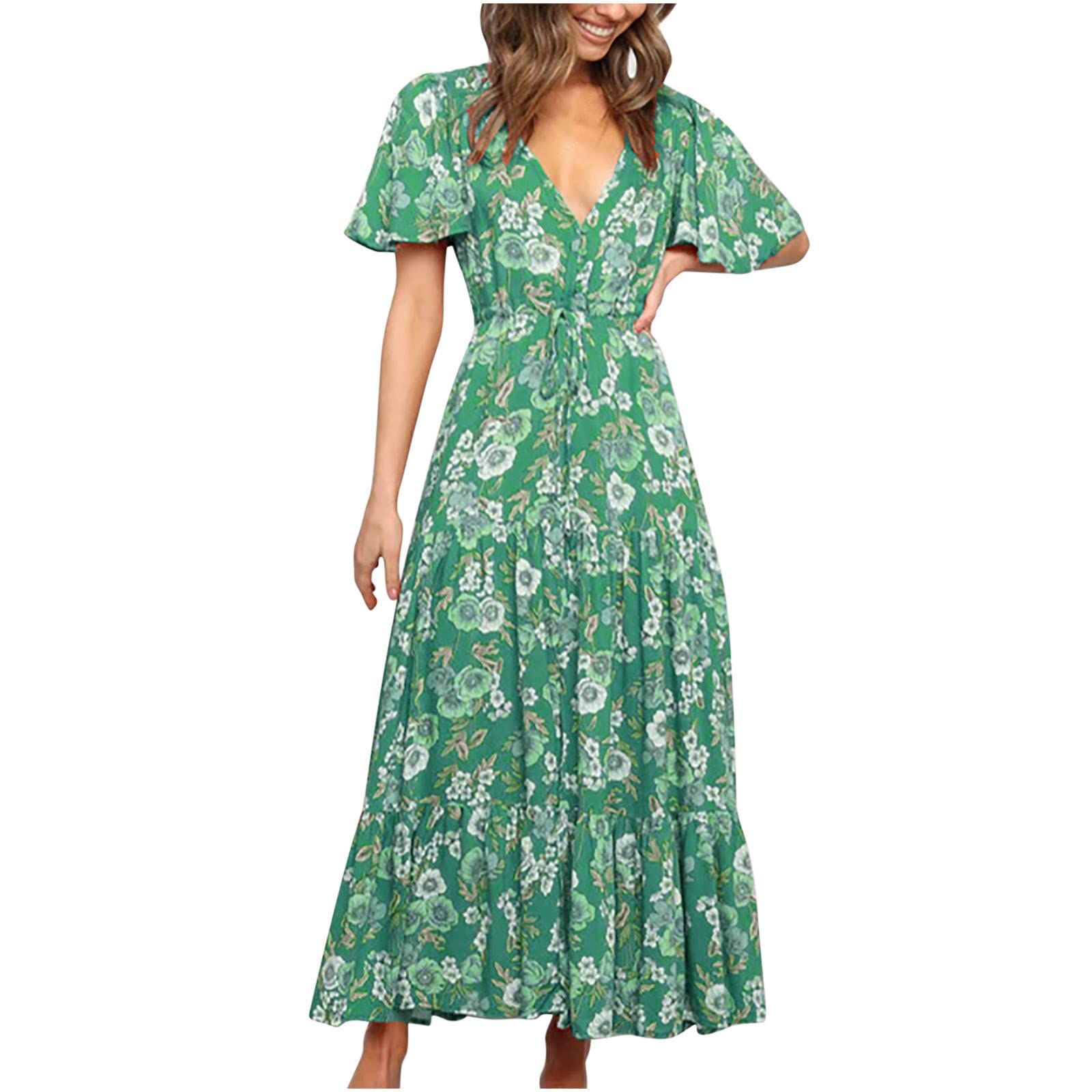 LAWOR Women's Bohemian Sundress - V-Neck Short Sleeve Floral Print Maxi Dress for Beach, Vacation & Summer Casual Wear | Lightweight Flowy Ankle-Length Dress for Outdoor Parties, Picnics & Date Nights