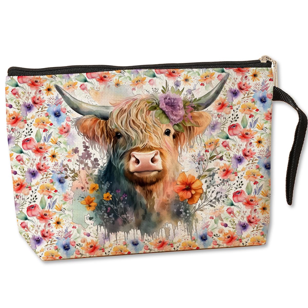 Western Themed Cosmetic Bag - Highland Cow Print Floral Makeup Pouch for Women | Cowgirl Country Western Gift for Friend, Daughter, Cow Lovers | Toiletry Bag for Travel, Graduation, Mother's Day & Birthday Presents | Perfect for Country Concerts, Rodeos & Cowgirl Themed Parties