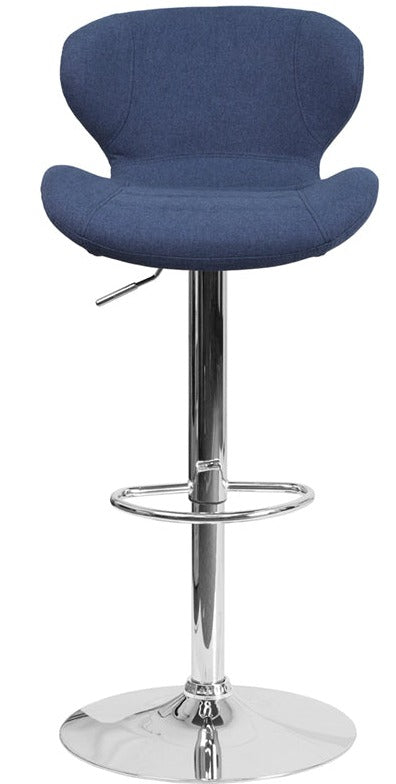 FLASH Francis Modern Blue Fabric Adjustable Height Bar Stool with Curved Back & Chrome Base - Perfect for Kitchen Islands, Breakfast Bars & Home Decor