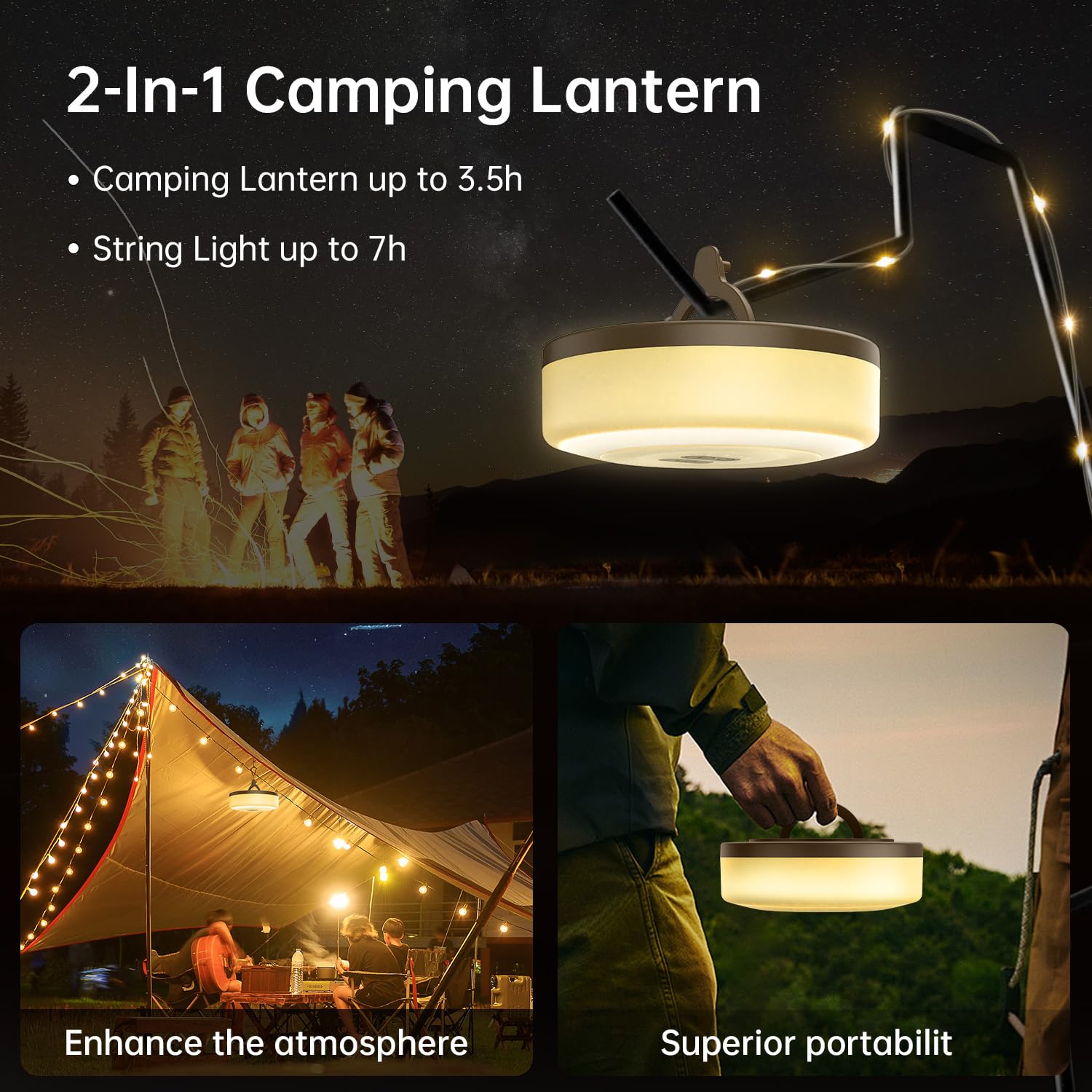 33FT Camping String Lights (2-Pack) - Waterproof Rechargeable LED Lights with 7 Modes for Outdoor Tents, Hiking & Christmas Decor | Perfect for Camping, Backyard Parties & Holiday Lighting