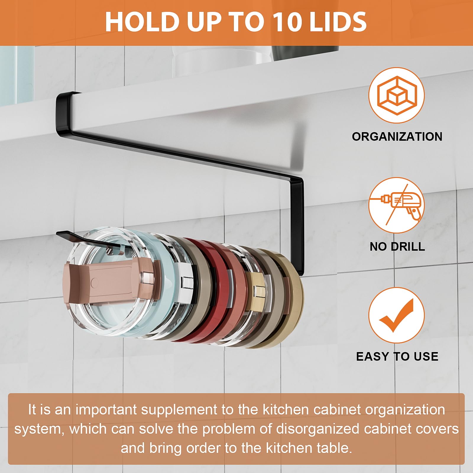 Premium Tumbler Lid Organizer - Under Cabinet Cup Lid Storage Holder, Space Saving Kitchen Organizer with Easy Installation for Drinking Tumblers (Black) - Perfect for Kitchen Cabinet, Pantry & Coffee Station Organization
