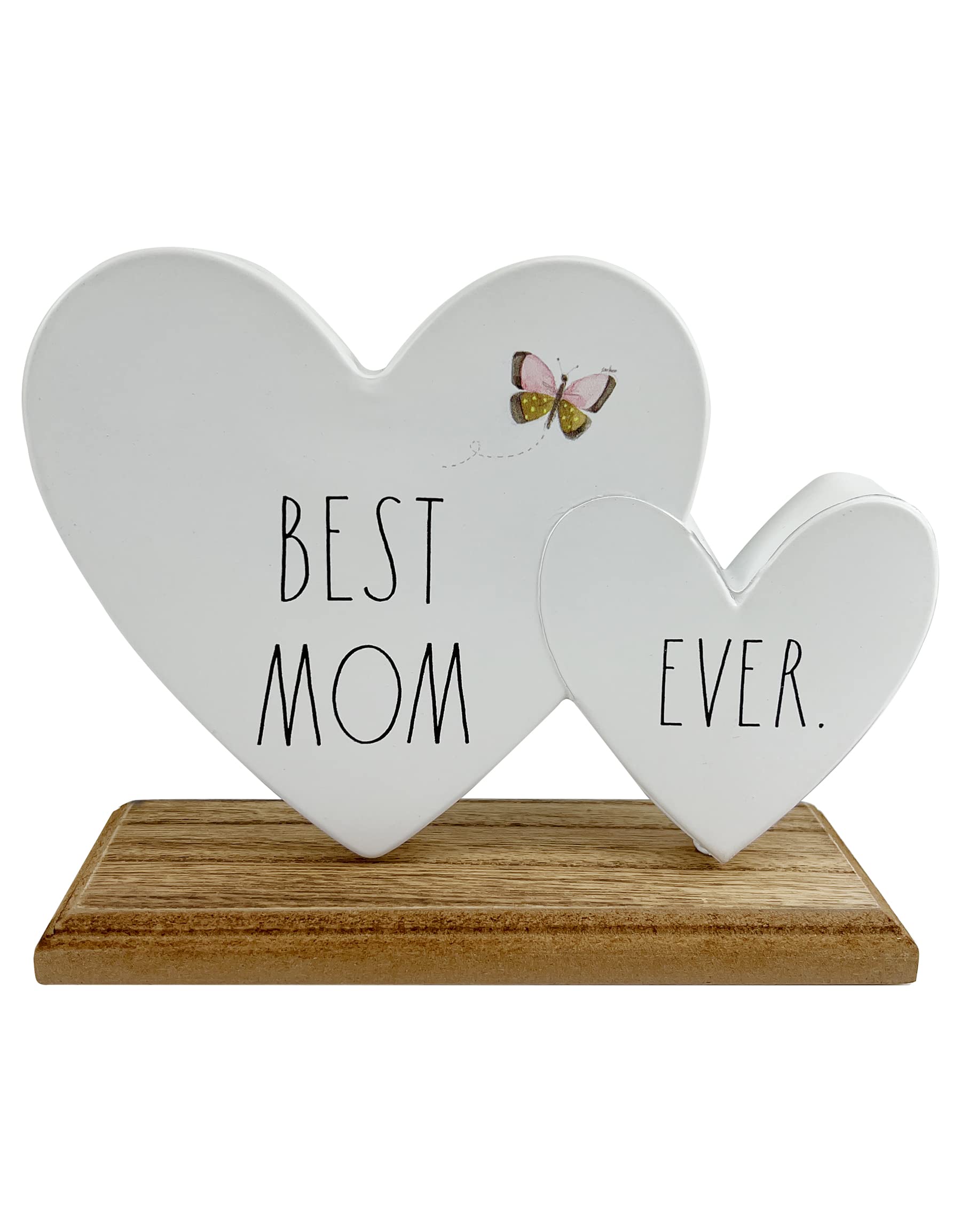 Rae Dunn Best Mom Ever Wooden Double Heart Decor - Mother's Day, Christmas, Valentine's Day & Birthday Gift for Mom - Thoughtful Present from Daughter, Son or Kids - Perfect for Home Decor, Nursery, Office & Special Occasions