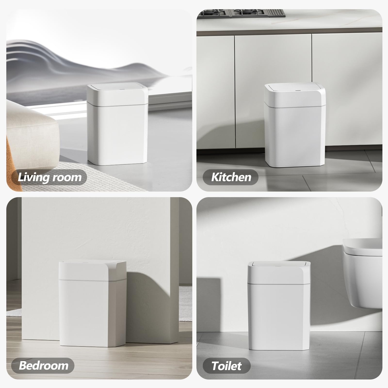ELPHECO 2 Pack 3.5 Gallon Motion Sensor Trash Can with Lid - Slim Waterproof Smart Garbage Bin for Bathroom, Kitchen, Office, Bedroom, Living Room - Ideal for Small Spaces & Hands-Free Disposal (White)