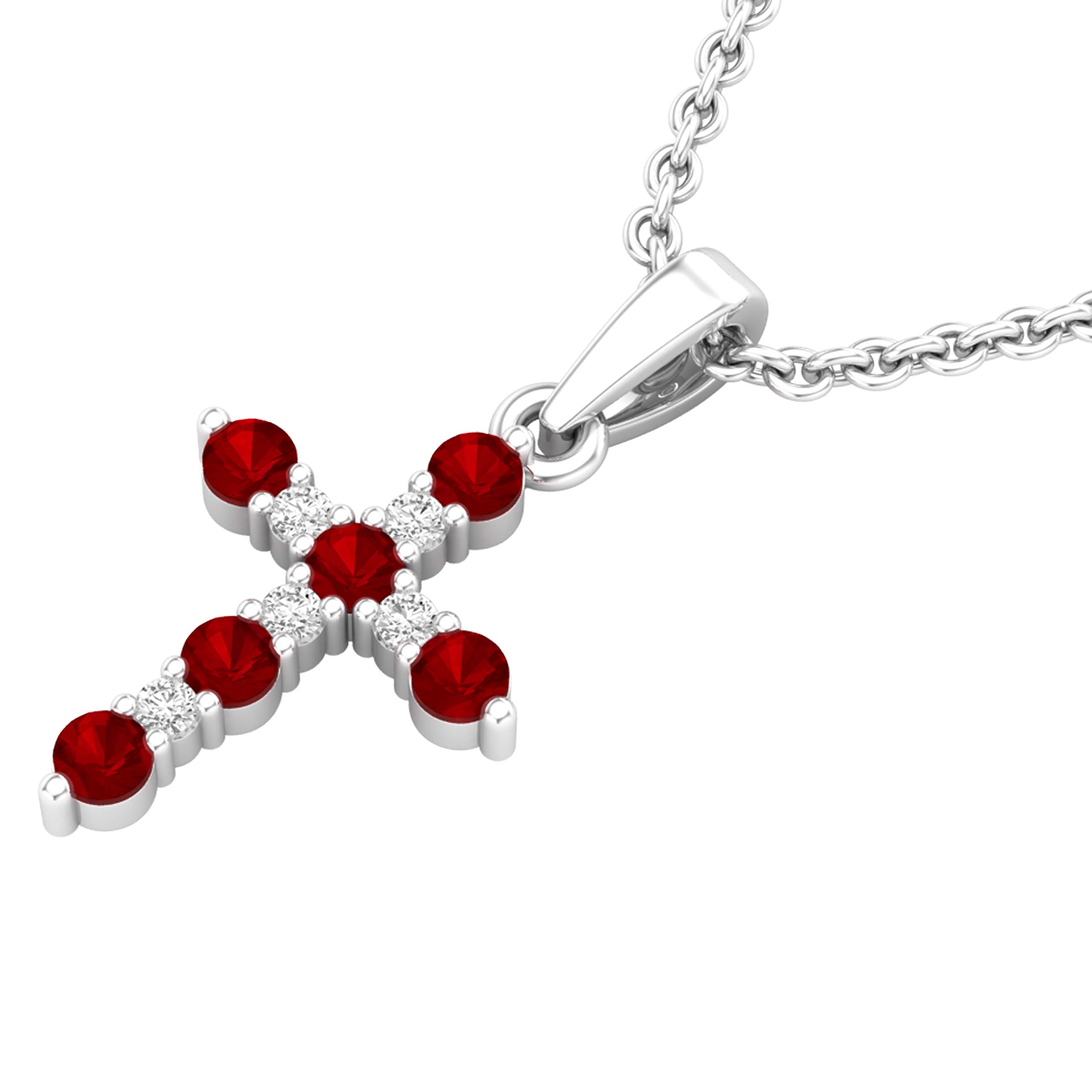 10K Solid White Gold Round Ruby & White Diamond Women's Cross Pendant Necklace with Silver Chain - Elegant Jewelry Gift for Christmas, Baptism, Wedding & Special Occasions