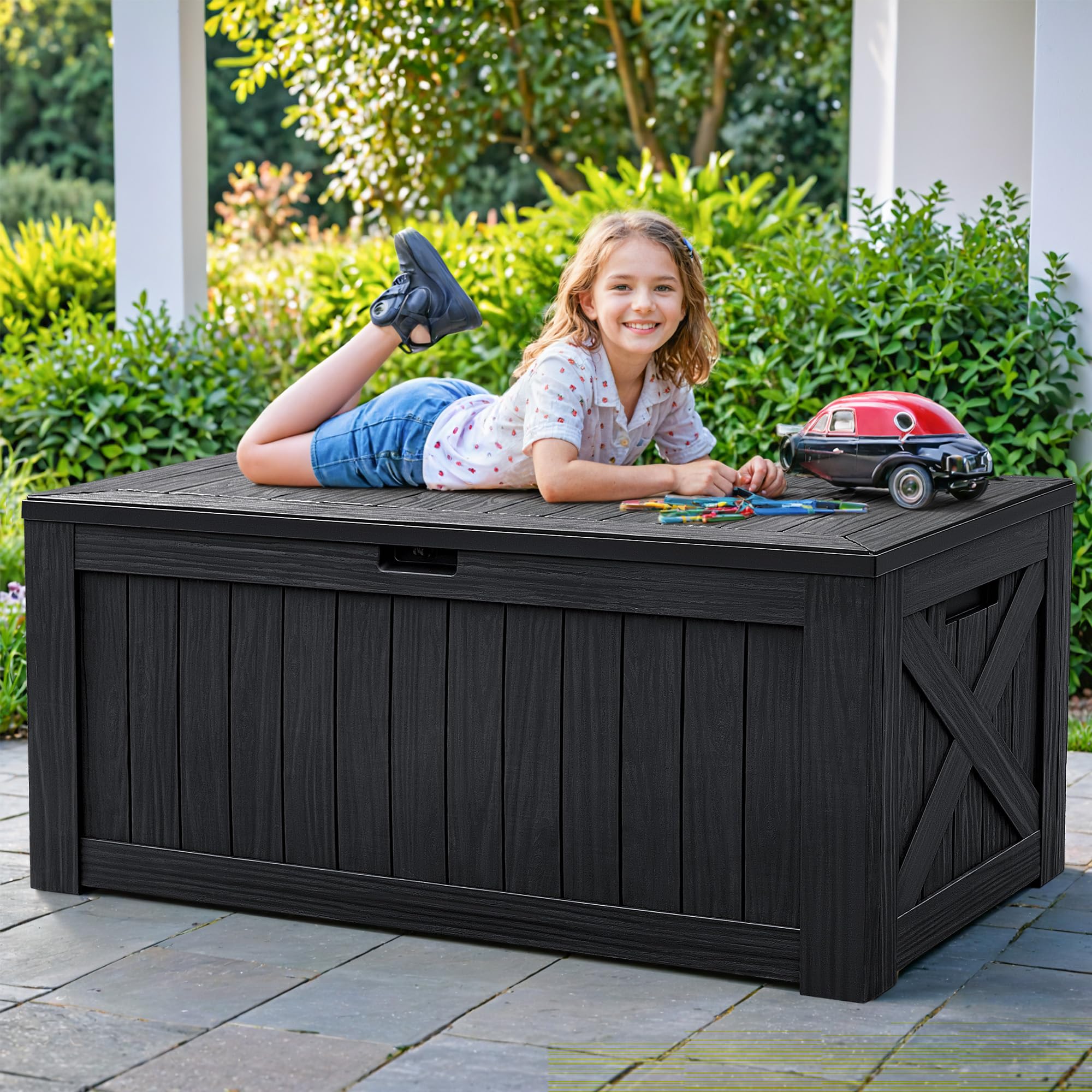 Flamaker 120 Gallon Waterproof Resin Deck Storage Box - Large Outdoor & Indoor Storage Container, Durable Imitation Wood Resin for Patio Furniture, Garden Tools, Pool Accessories - Perfect for Backyard, Deck, Poolside & Garage Organization (Black)