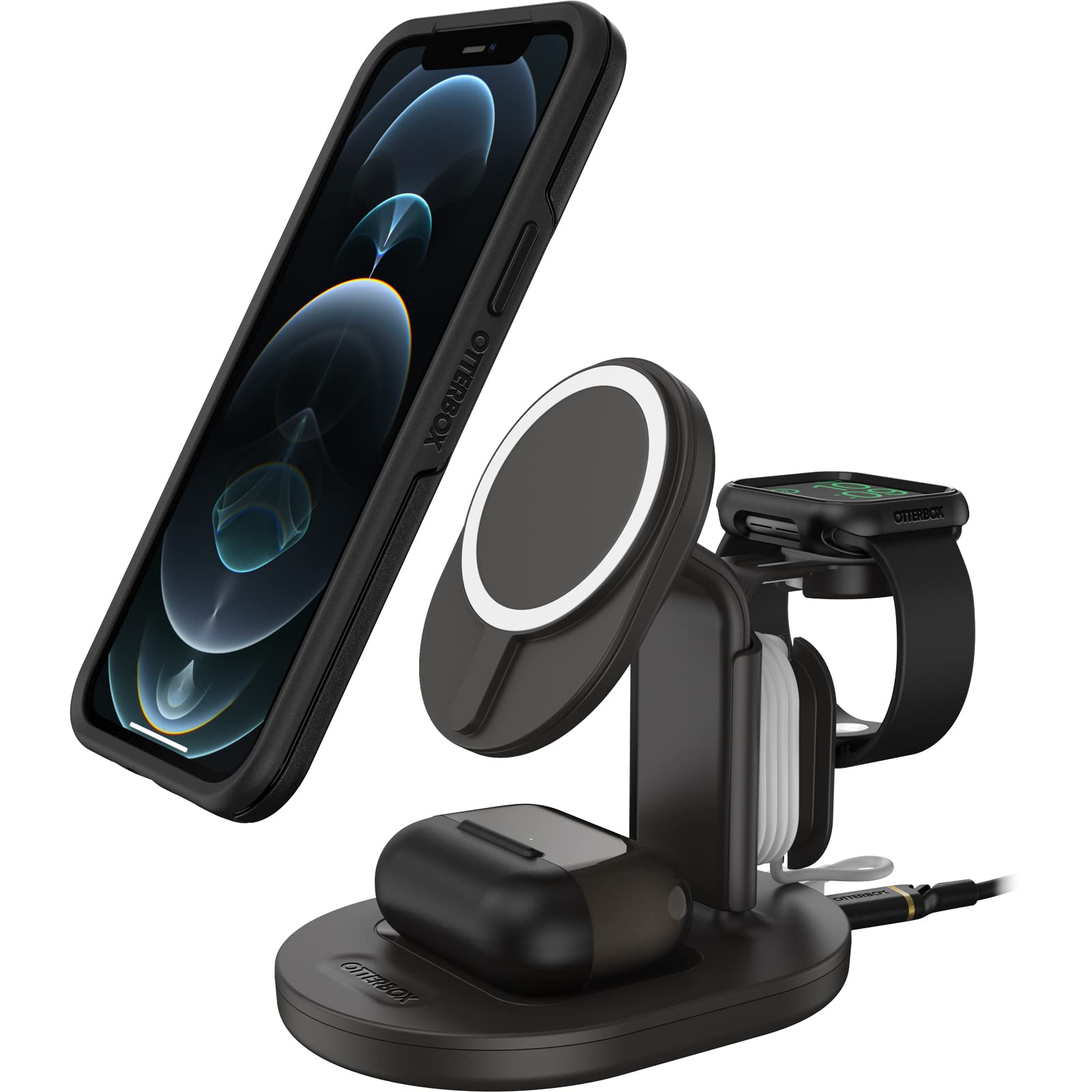 OtterBox 3-in-1 Wireless Charging Station 2.0 for iPhone MagSafe - Fast Wireless Charger Stand for iPhone 15/14/13/12, Apple Watch & AirPods - Black | Perfect for Home, Office & Nightstand Charging