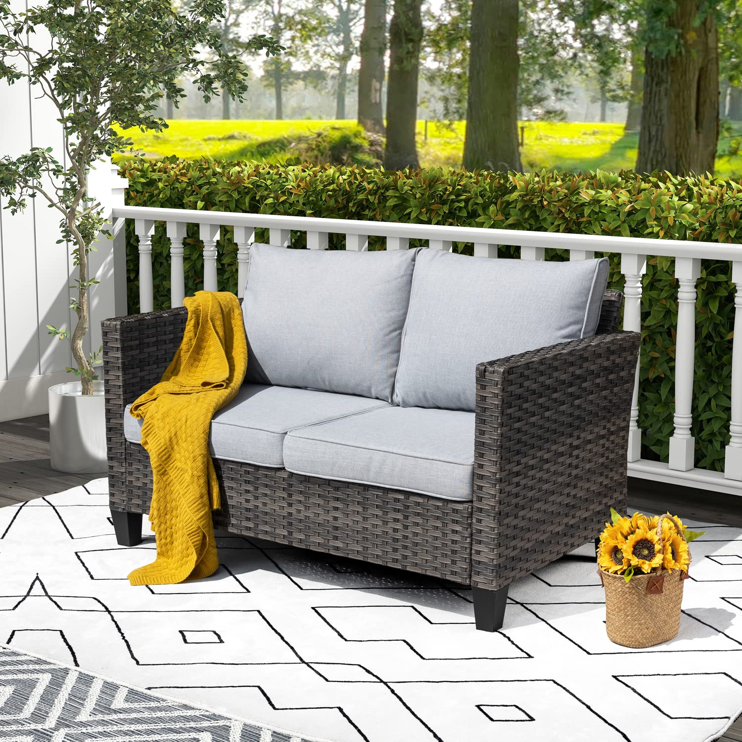 Outdoor Wicker Loveseat Sofa 2-Seater All-Weather Rattan Patio Furniture with High Back & Cushions - Grey - Perfect for Garden, Deck, Porch & Backyard Relaxation