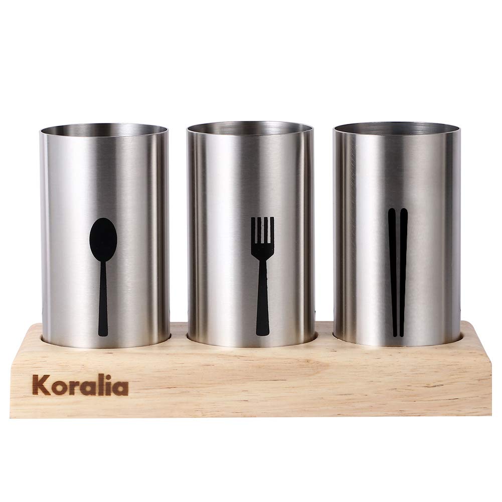 Koralia Home Stainless Steel Flatware Organizer - 3PC Cutlery Holder with Wood Base for Spoons, Forks, Knives | Perfect for Kitchen Drawer, Dining Table & Restaurant Organization