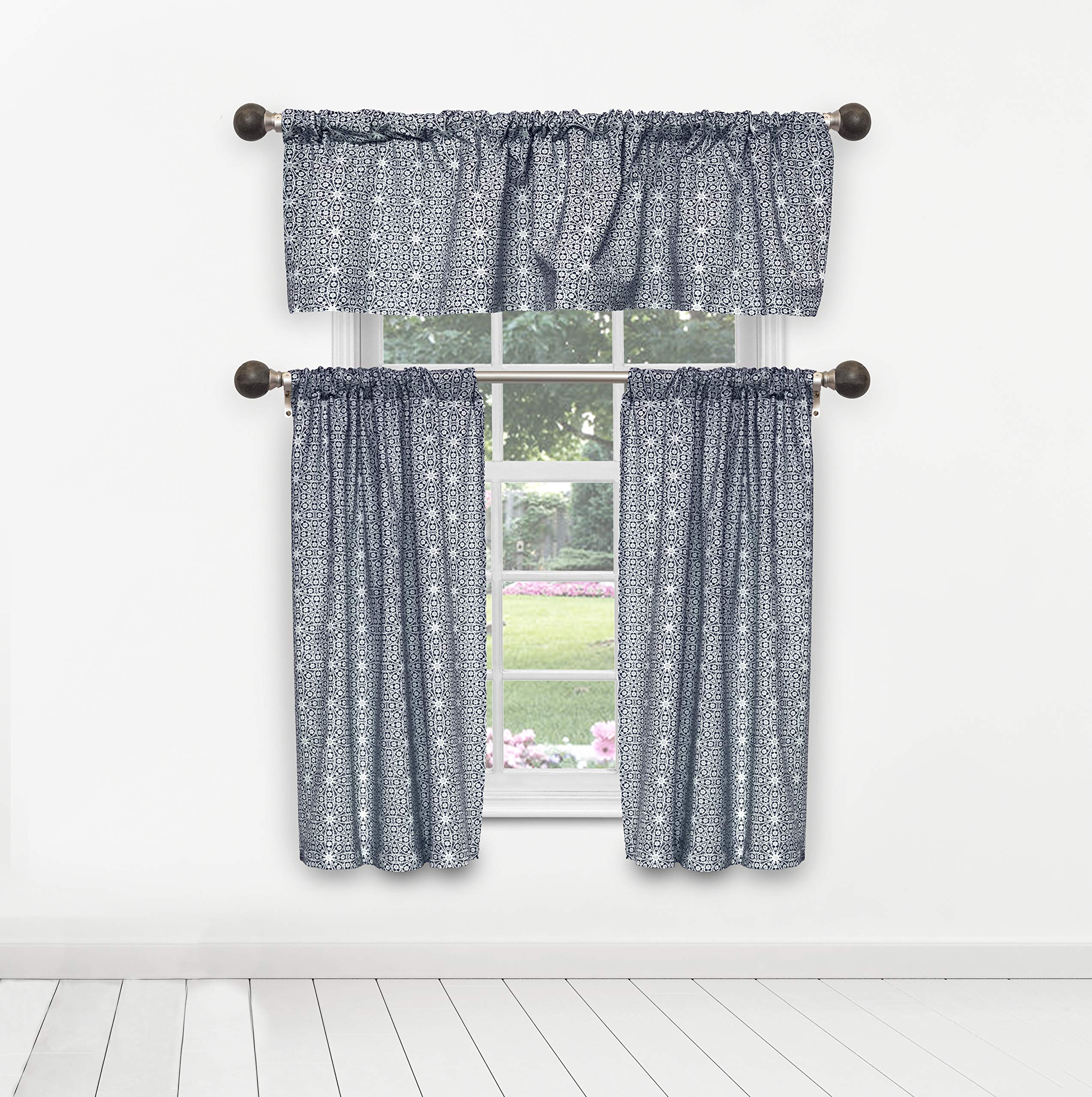 Kensie Liliana Navy Blue Kitchen Curtains and Valances Set - 29x36 Inches (2 Panels) + 58x15 Inches - Elegant Window Treatment for Farmhouse, Cottage & Modern Kitchens