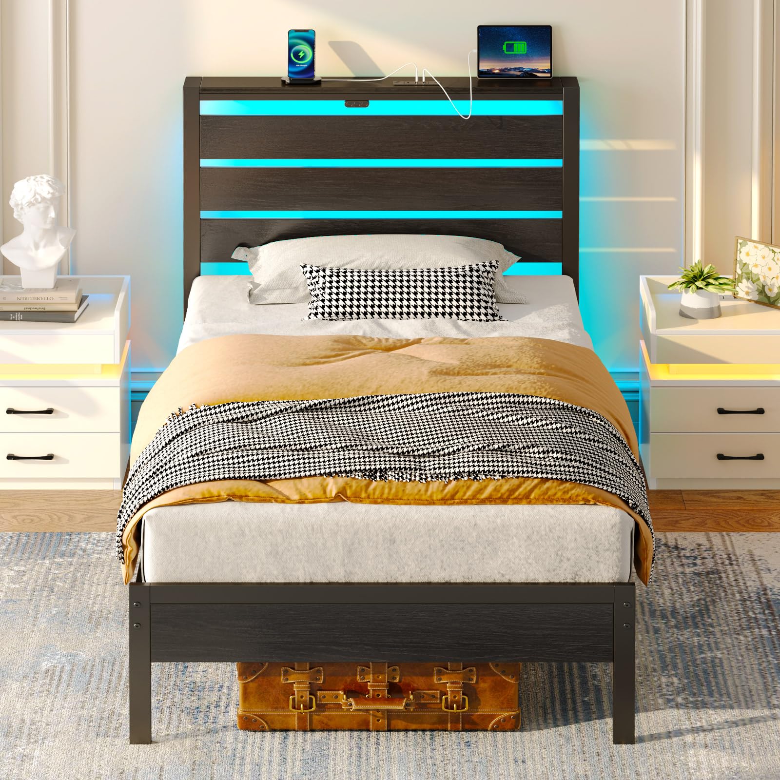 **Rolanstar Twin Size Bed Frame with USB Charging & LED Lights, Wood Storage Headboard, Black Metal Platform Bed - Under Bed Storage, No Box Spring Needed, Noise-Free - Perfect for Small Bedrooms, Dorms & Guest Rooms**