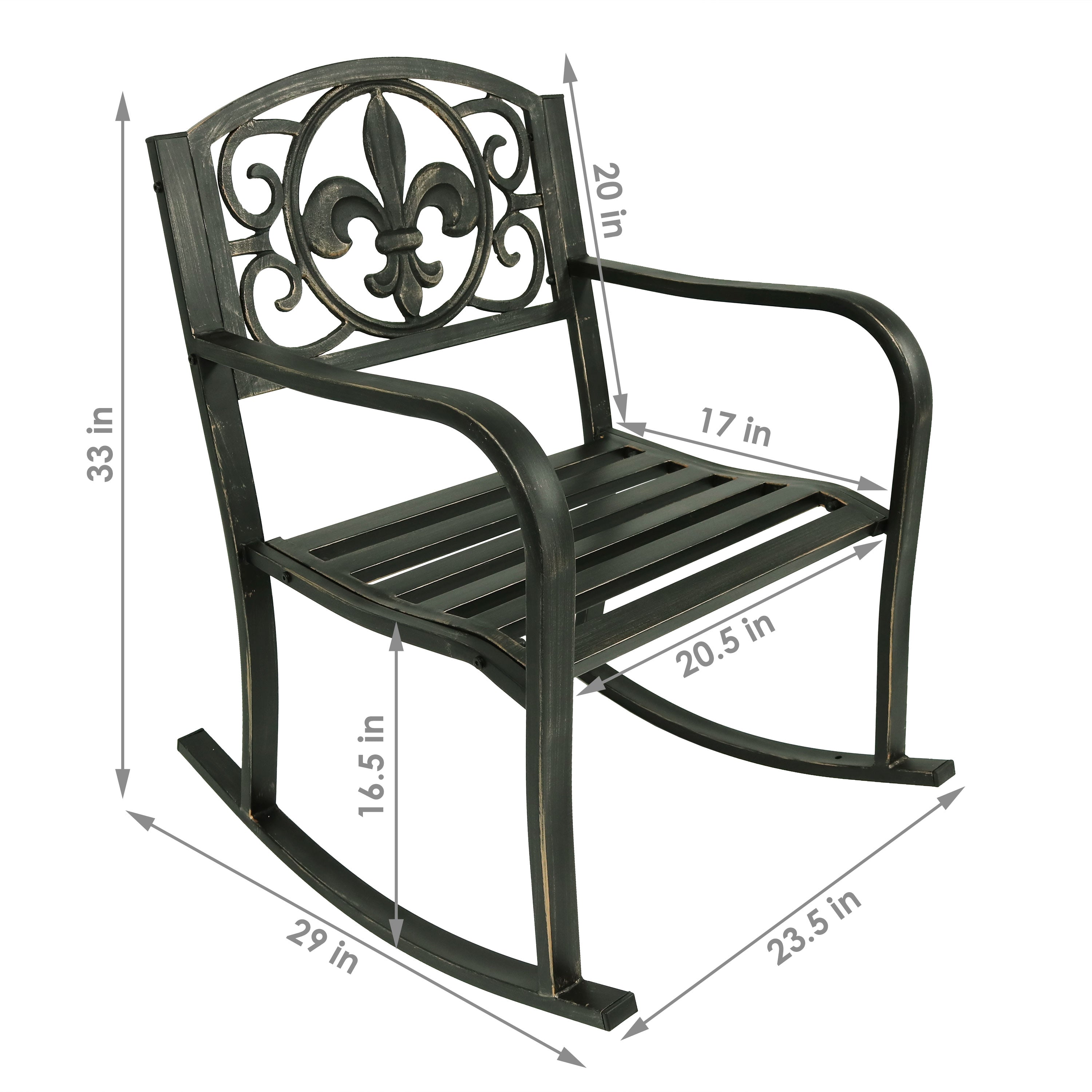 Sunnydaze Cast Iron and Steel Outdoor Rocking Chair with Fleur de Lis Design - Perfect for Garden, Patio, Porch & Backyard Relaxation