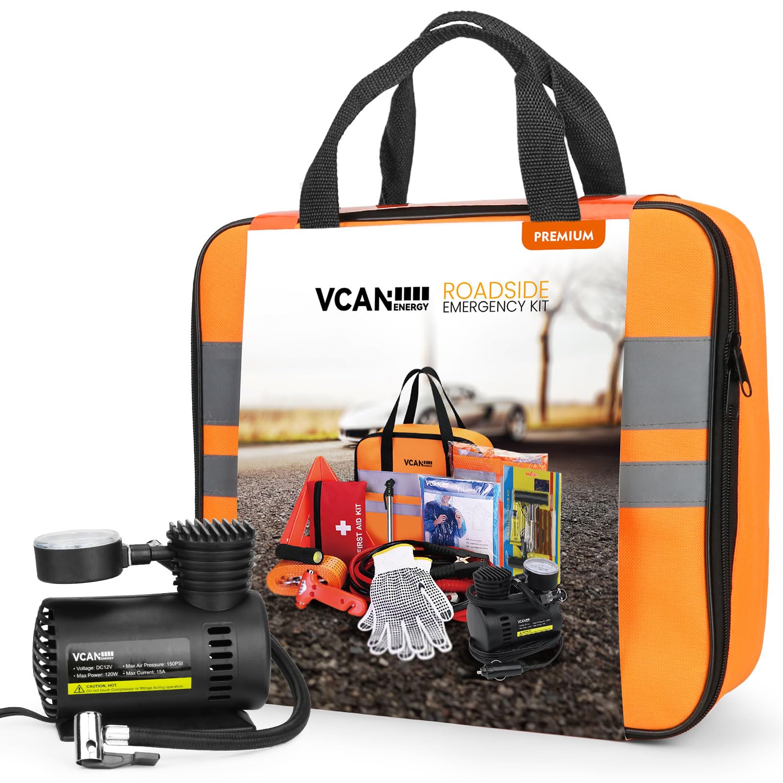 Portable Car Emergency Safety Kit with Air Compressor, Jumper Cables & First Aid Supplies - 50-Piece Roadside Assistance Essentials for Cars, Trucks & SUVs - Perfect for Travel, Camping & Winter Driving Safety