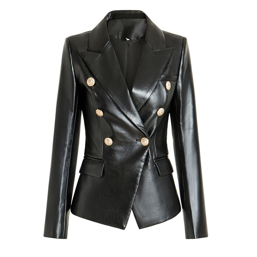 Stylish PU Leather Women's Black Blazer with Gold Buttons - Slim Fit High Street Fashion Jacket for Office, Party & Business Casual Outfits