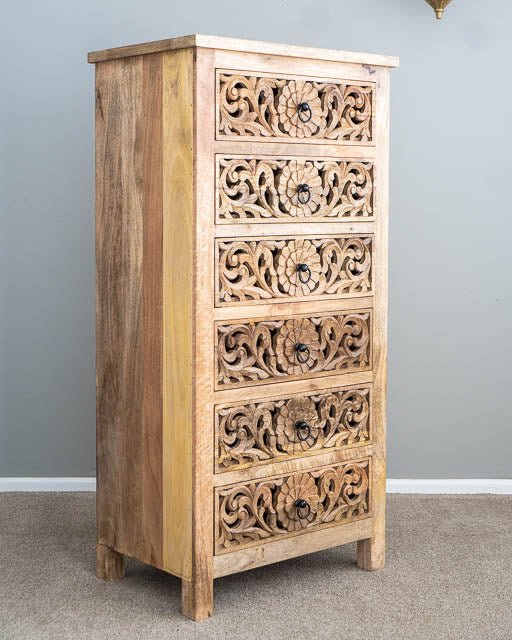Hand Carved Indian Flower Dresser - Solid Wood Tallboy Chest with 6 Drawers | Vintage Boho Bedroom Furniture for Storage & Organization