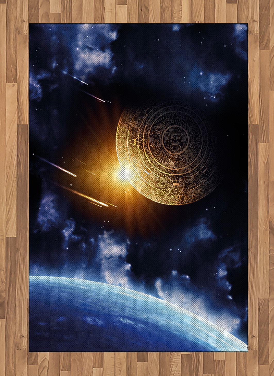 Ambesonne Galaxy Area Rug - Maya Calendar Outer Space Design with Earth & Meteor Print, Flat Woven Blue Yellow Accent Rug 4'x5'7