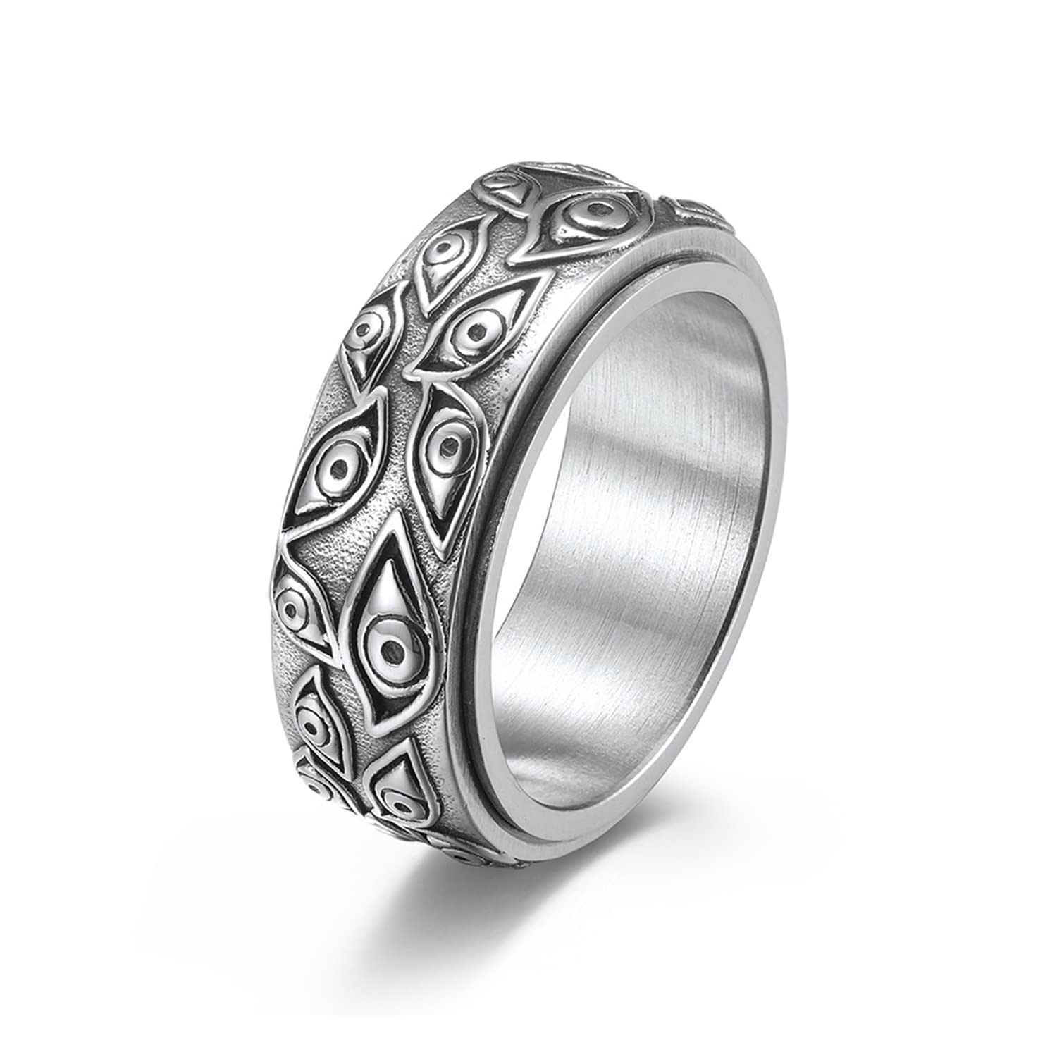WFYOU Stainless Steel Spinner Ring Set for Men & Women - Anxiety Relief Fidget Rings with Evil Eye, Moon, Star, Dice, Cross & Smile Face Designs - Stress Relieving Rotating Rings for Office, Travel & Daily Wear