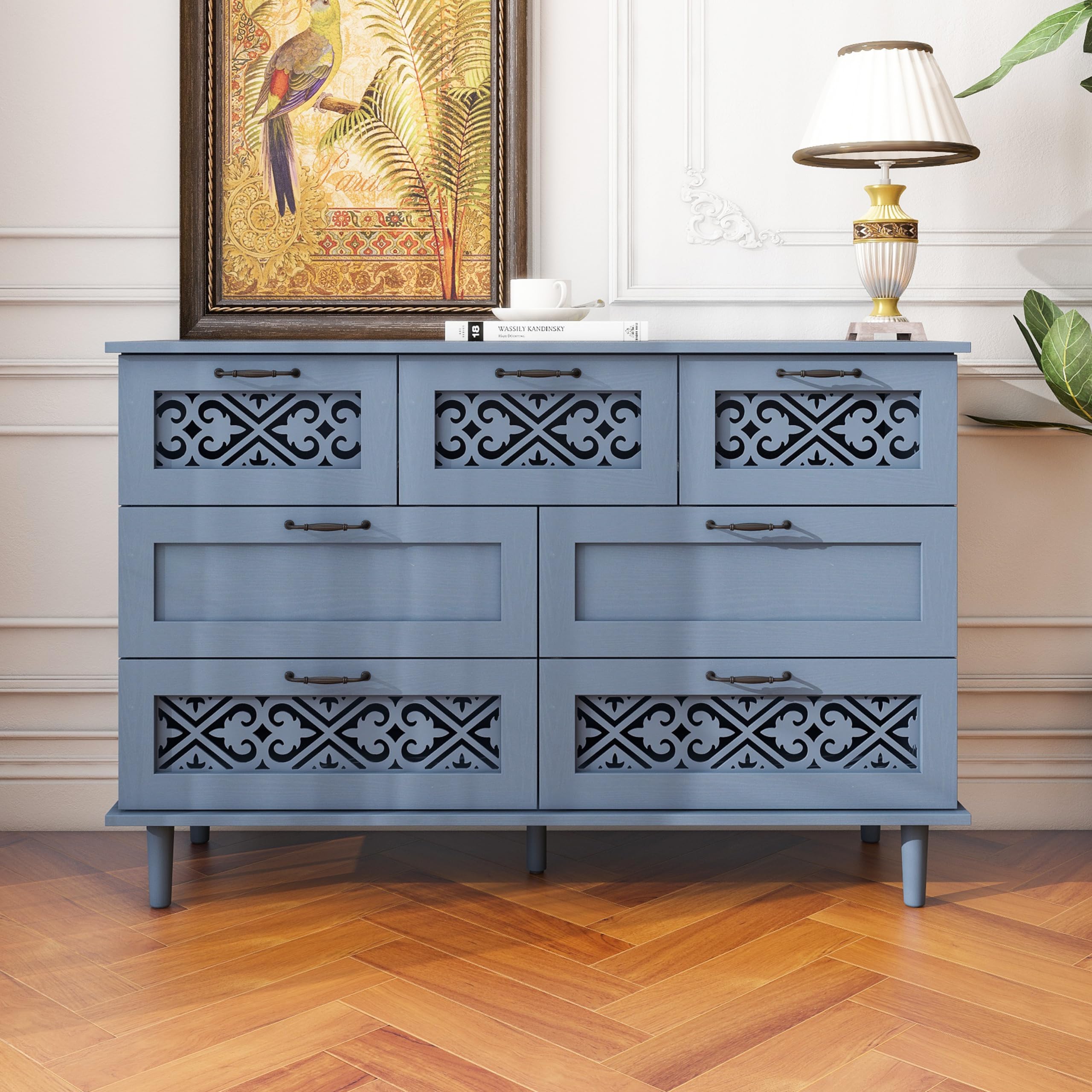 Solid Wood Sideboard Buffet Cabinet with 7 Drawers - Storage Console Table Dresser for Living Room, Bedroom, Entryway, Study - Perfect for Organizing Dishes, Linens & Home Decor (Blue)