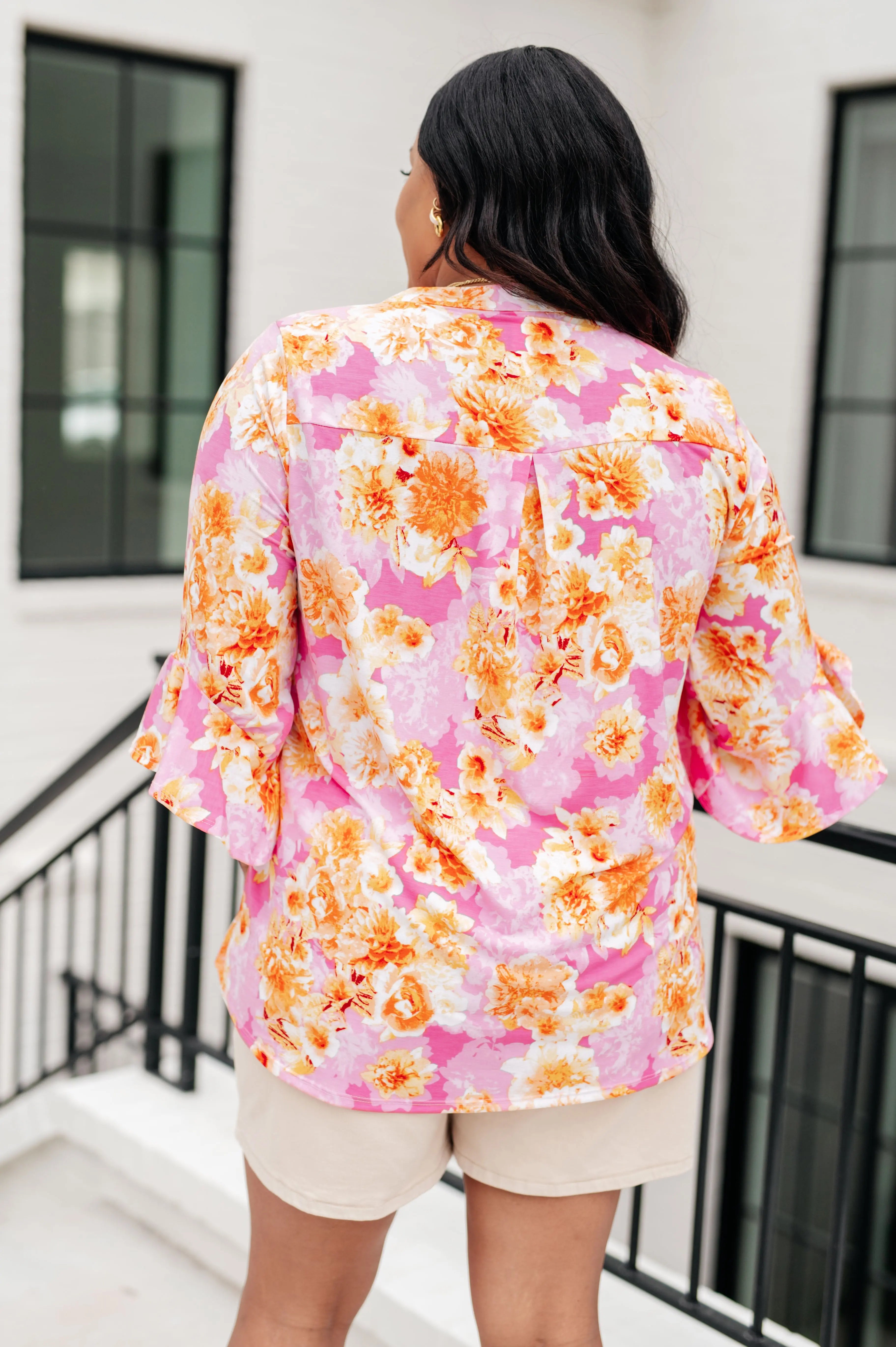 Lizzy Bell Sleeve Blouse - Pink & Gold Floral Print Women's Tops for Casual Wear, Office, and Date Night Outfits