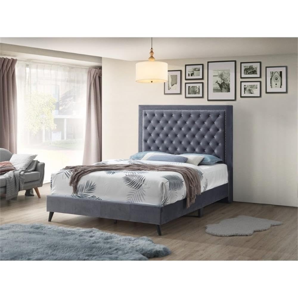 Glory Furniture Alba Velvet Upholstered Queen Size Bed Frame in Gray - Luxurious Modern Bedroom Furniture for Master Suite or Guest Room