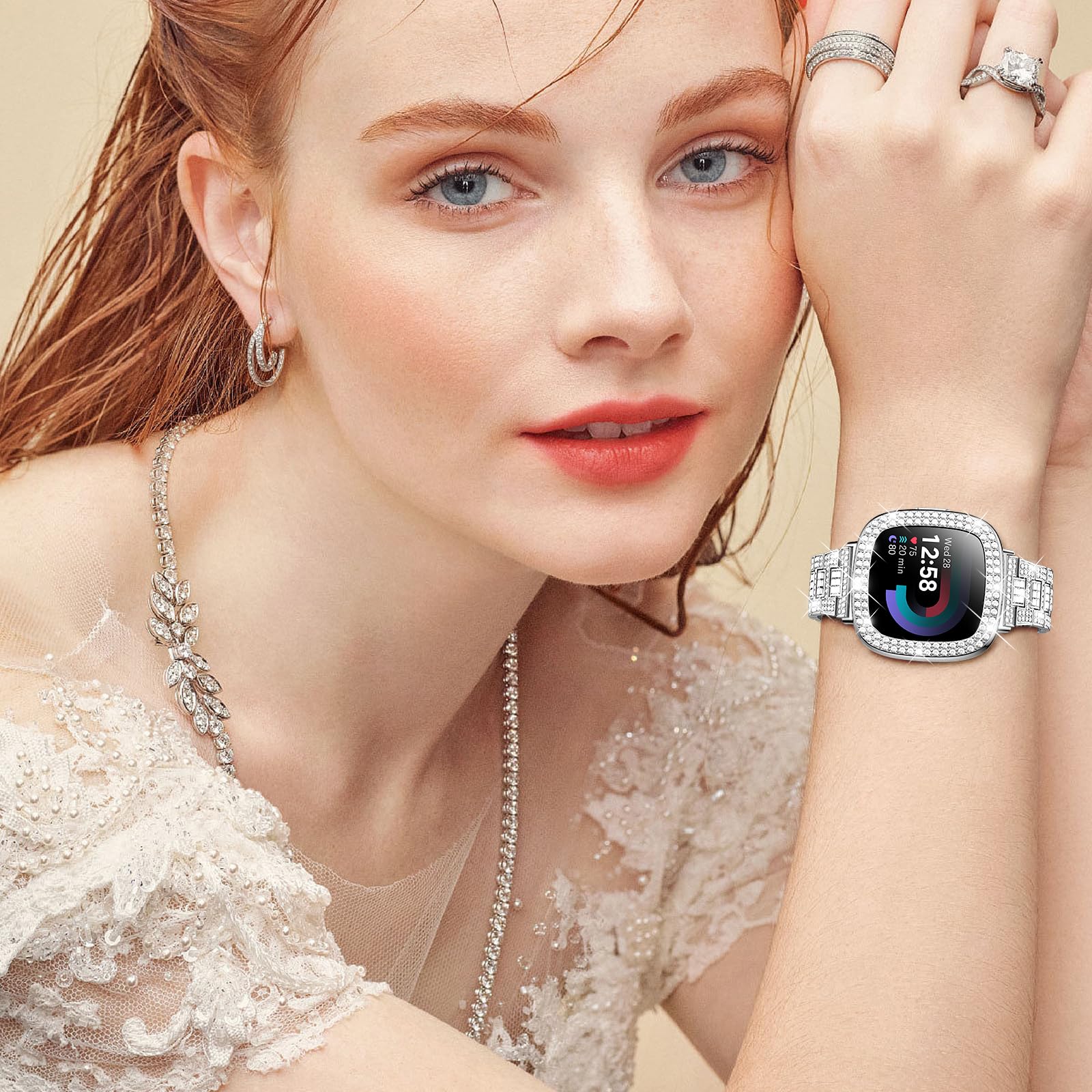 Dsytom Bling Stylish Watch Band - Compatible with Fitbit Versa 4/3, Sense 2/1 - Rhinestone Bracelet Strap with Protective Case Cover for Women | Elegant Accessory for Work, Party & Everyday Wear