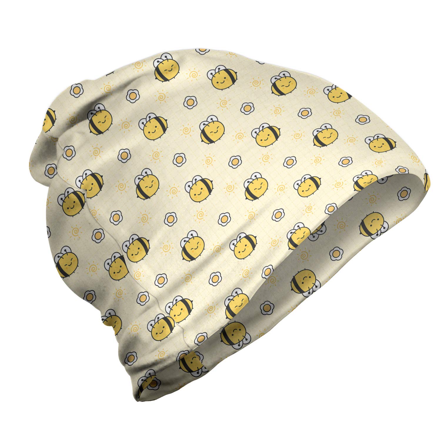 Ambesonne Unisex Beanie - Happy Little Bees & Flowers Design - Warm Knit Hat for Men & Women - Perfect for Hiking, Outdoor Activities & Winter Fashion