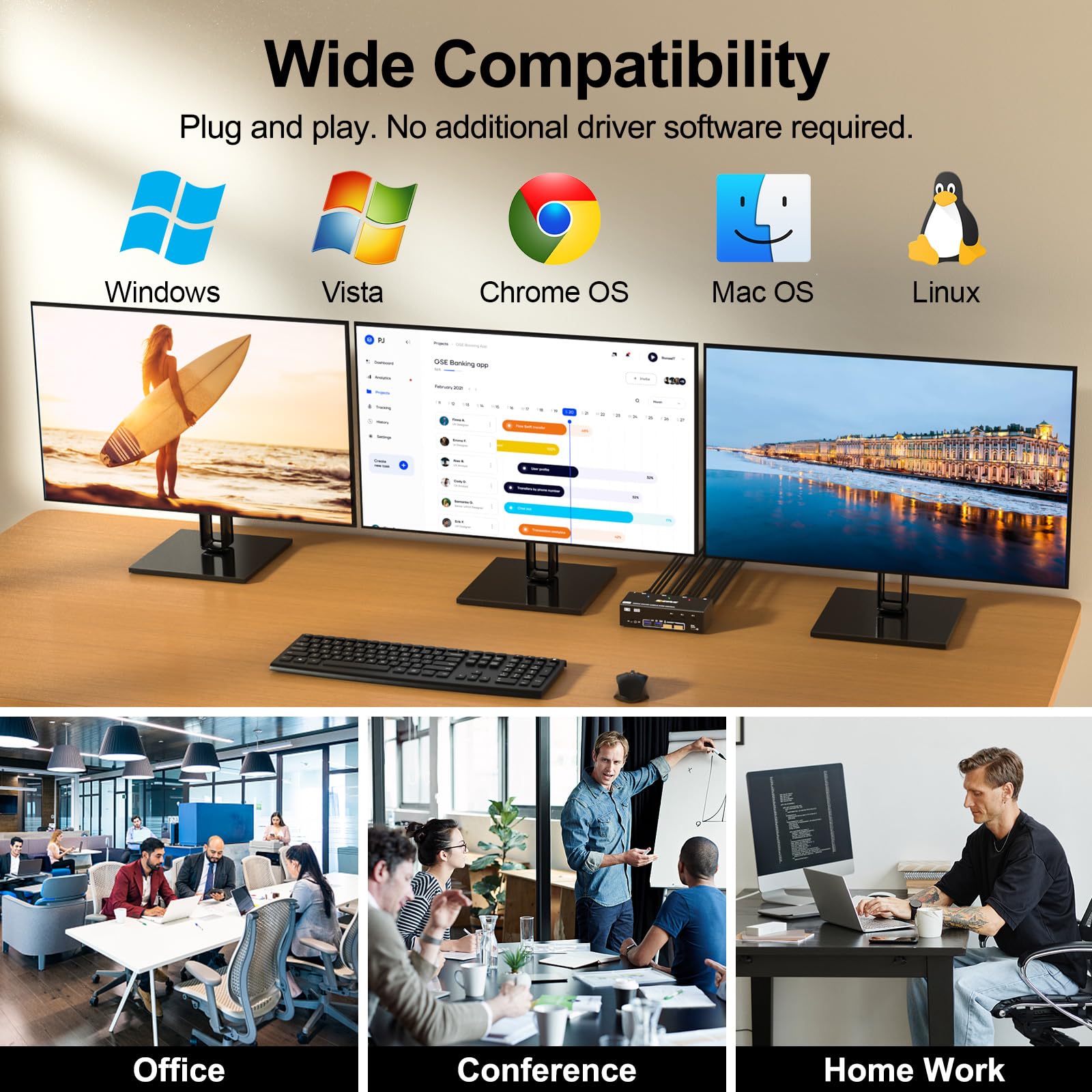 YOUTINGHDAV USB 3.0 KVM Switch for 3 Monitors & 3 Computers - Triple Display with 2 DisplayPort & HDMI Ports, Supports 8K@60Hz & 4K@144Hz - Ideal for Multi-PC Workstations, Gaming Setups & Office Environments