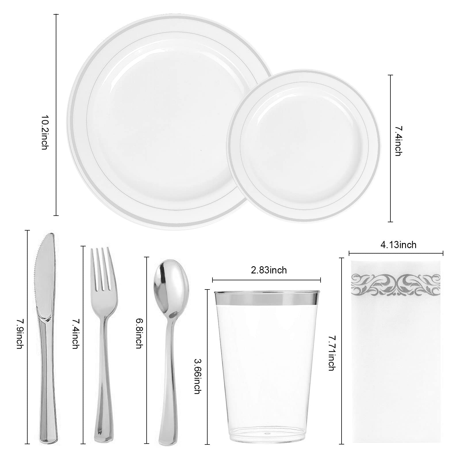 BAYZZ 350-Piece Silver Disposable Dinnerware Set - 100 Silver Plastic Plates, 50 Plastic Silverware, 50 Silver Cups & 50 Napkins - Elegant Disposable Tableware for Weddings, Parties, BBQs & Special Events
