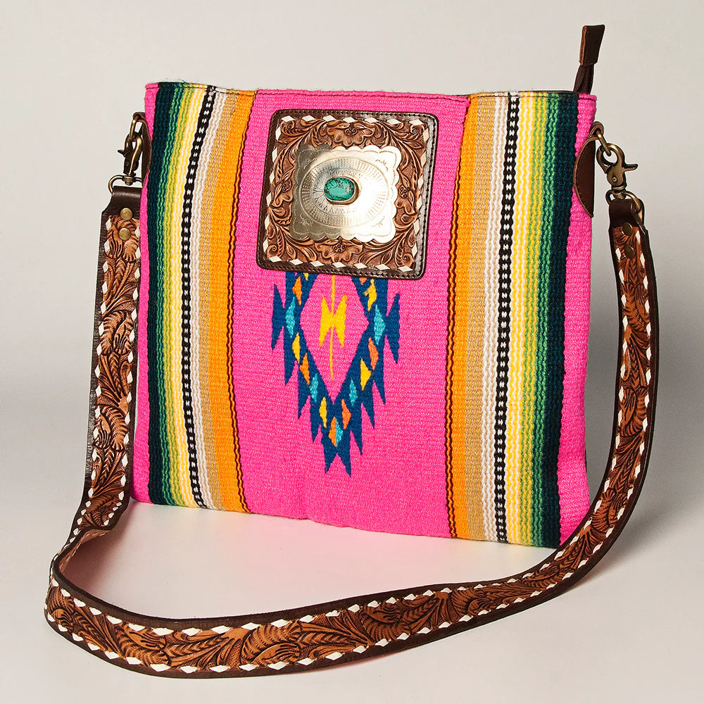 American Darling Pink Serape Saddle Blanket & Concho Crossbody Bag - Western Style Equestrian Accessory for Horse Riding, Music Festivals and Boho Fashion
