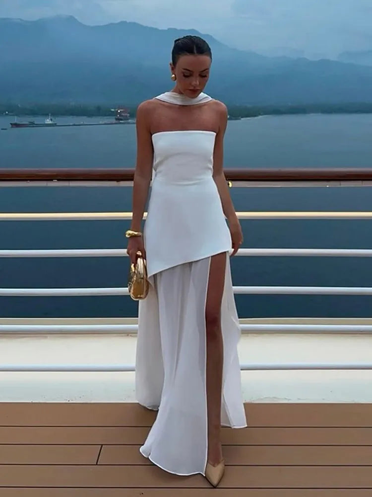Elegant White Gauze Off-Shoulder Long Dress for Women - Sleeveless Backless A-Line Vestidos 2025 New Fashion Beach Cover Up - Perfect for Summer Vacations, Beach Parties, and Boho Photoshoots