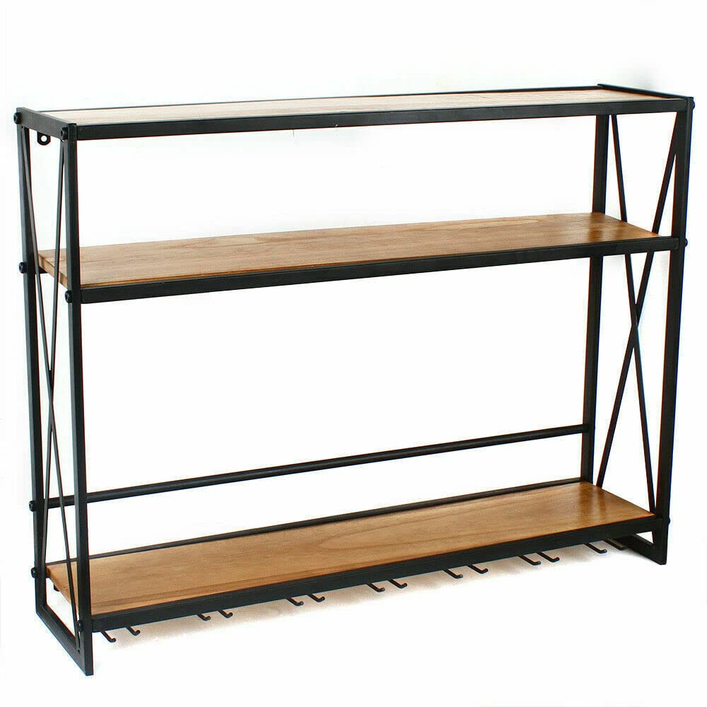 Industrial 3-Tier Wall Mounted Wood Wine Rack - Rustic Wine Bottle Storage Shelf with Glass Holder | Space-Saving Home Bar Decor for Kitchen, Dining Room & Wine Cellar Organization