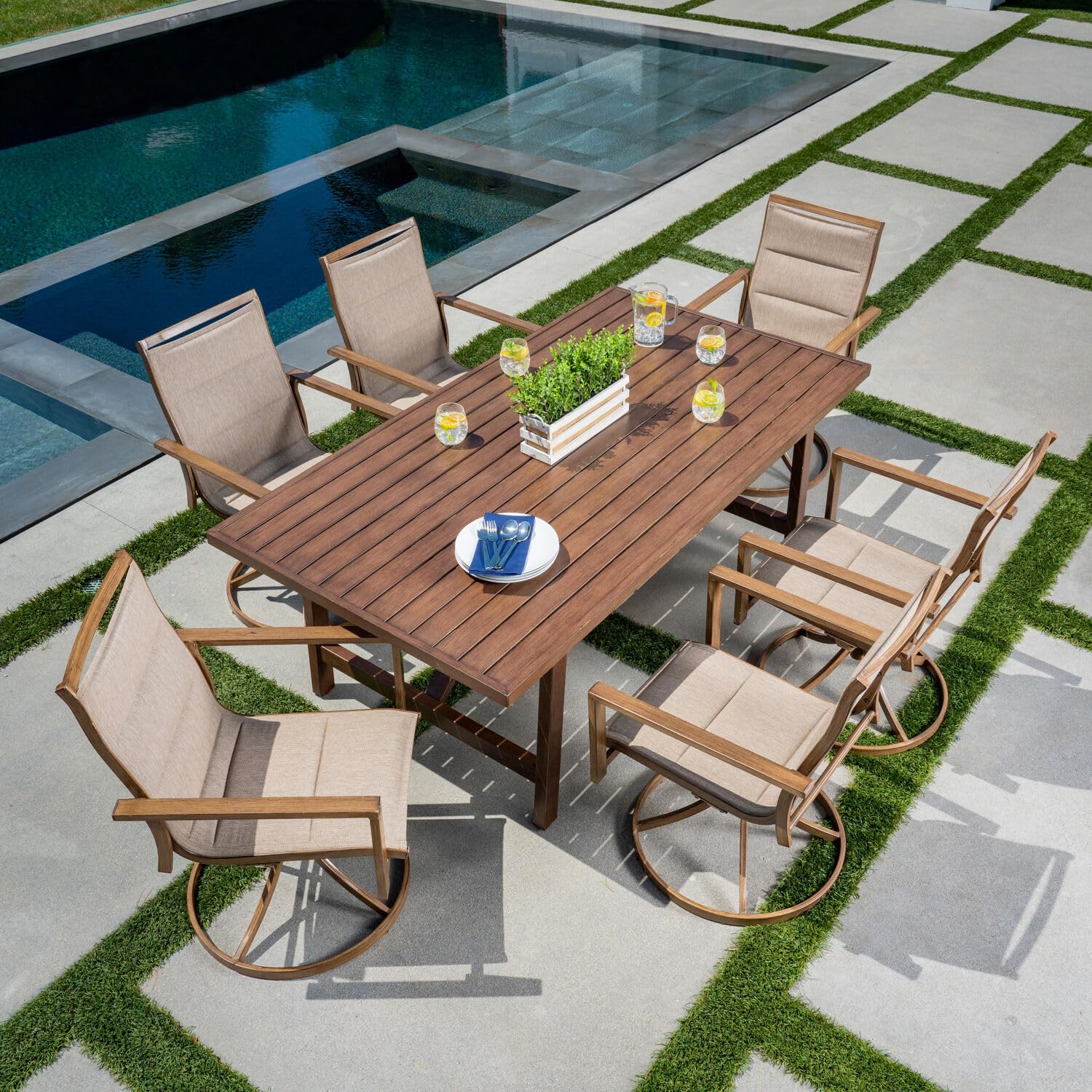 Atlas 7-Piece Outdoor Dining Set with 6 Swivel Padded Chairs & Trestle Table - Modern Patio Furniture for Backyard, Garden, Poolside - Weather-Resistant Dining Set for 6 People